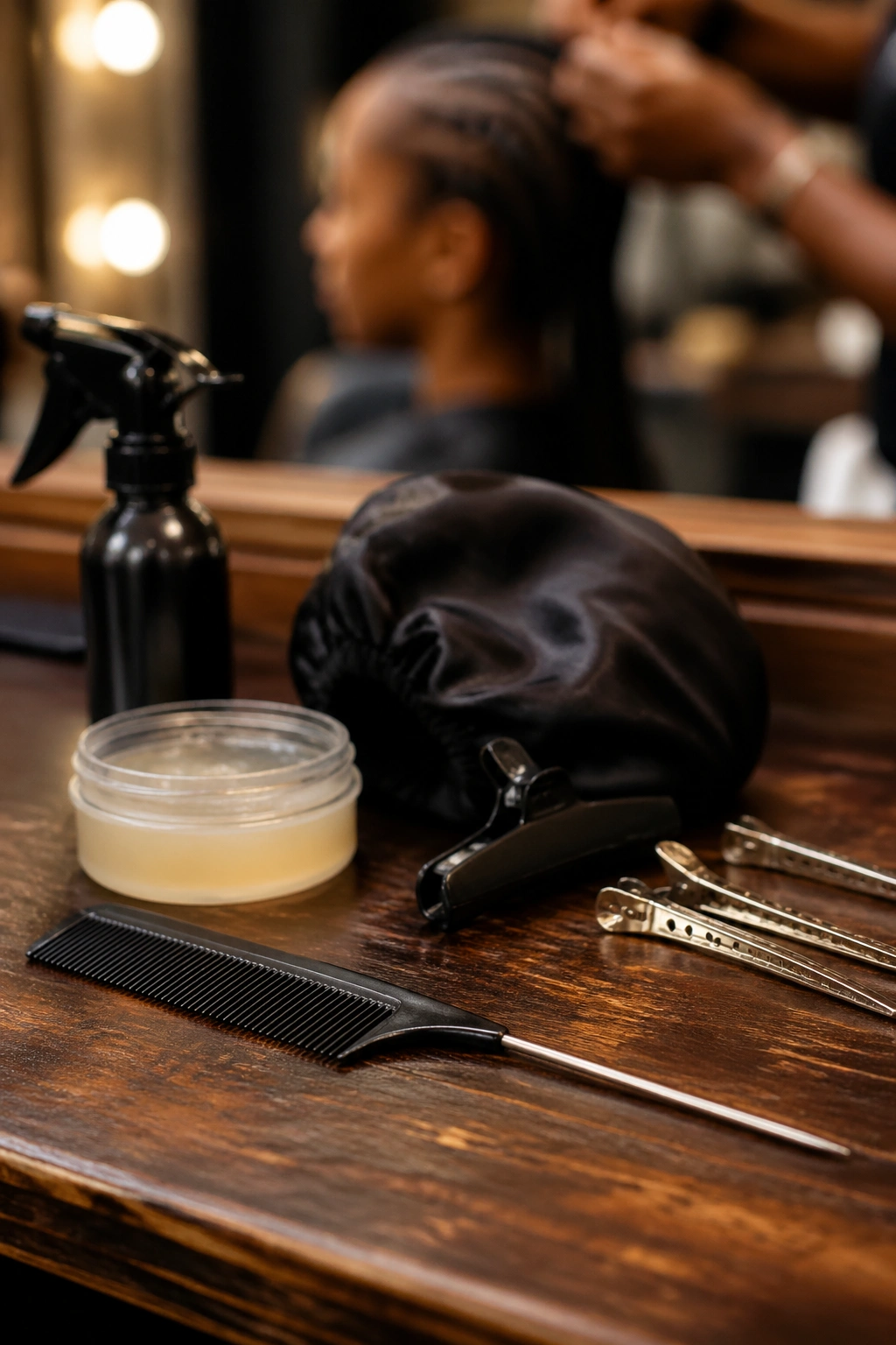 Rat-tail comb on salon station with blurred head in background