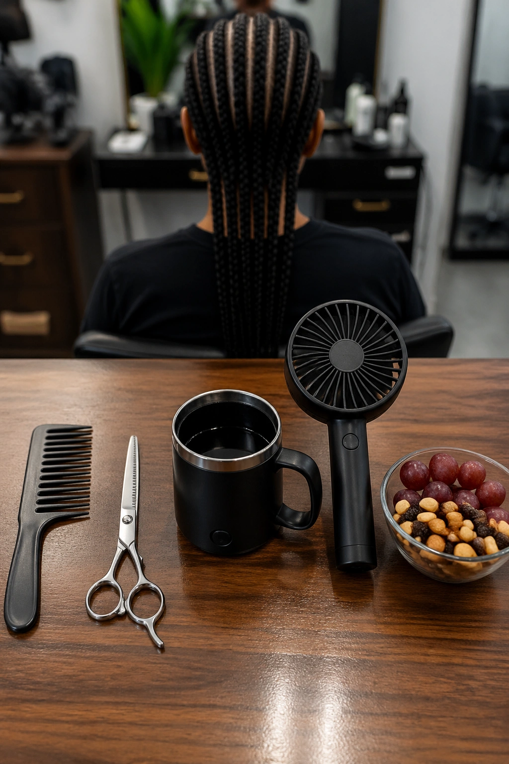 Top-down view of salon tools for braid installation arranged neatly