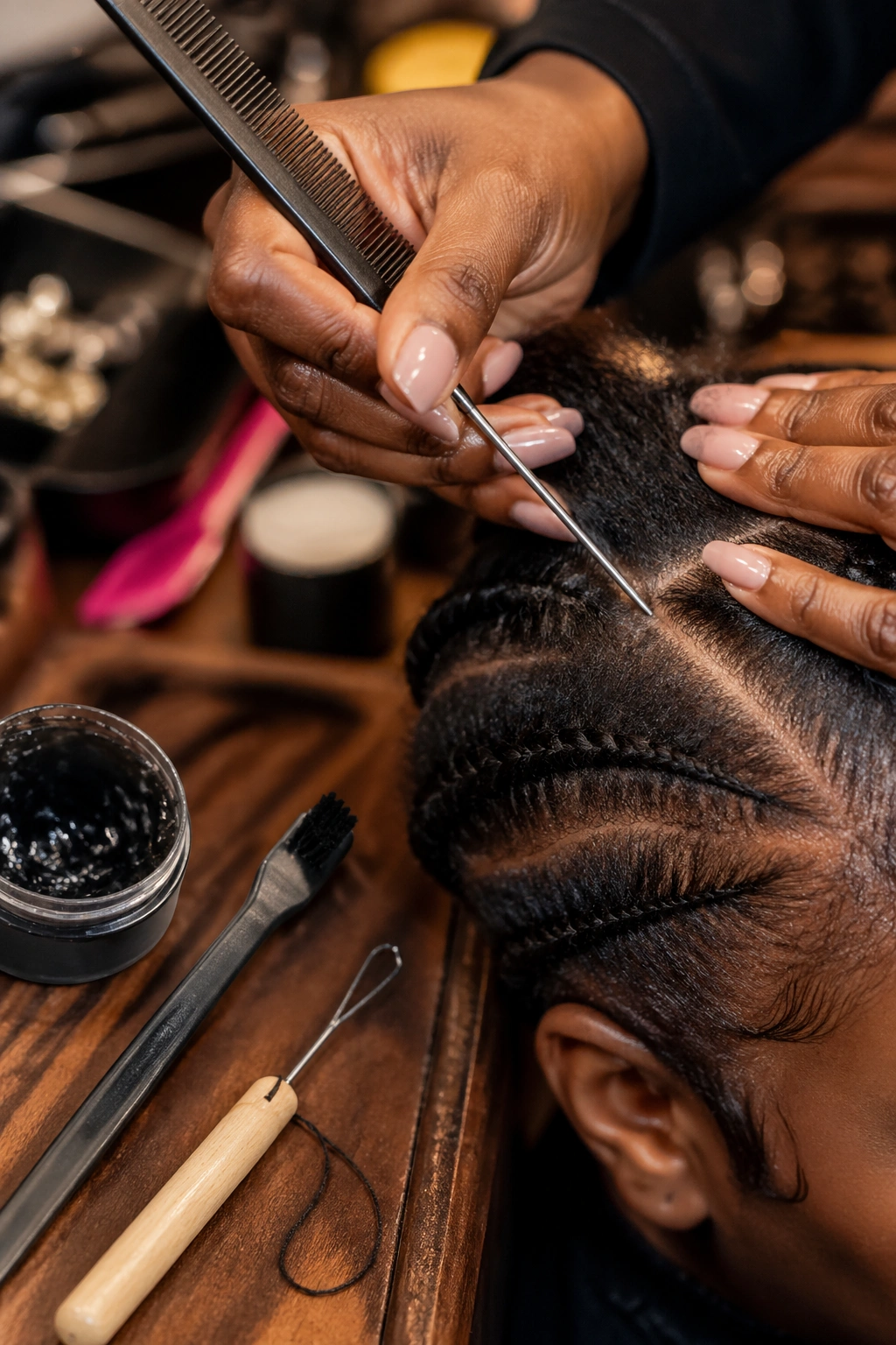 Close-up of hands with braiding tools like pin-tail comb and threading tool at a braiding station