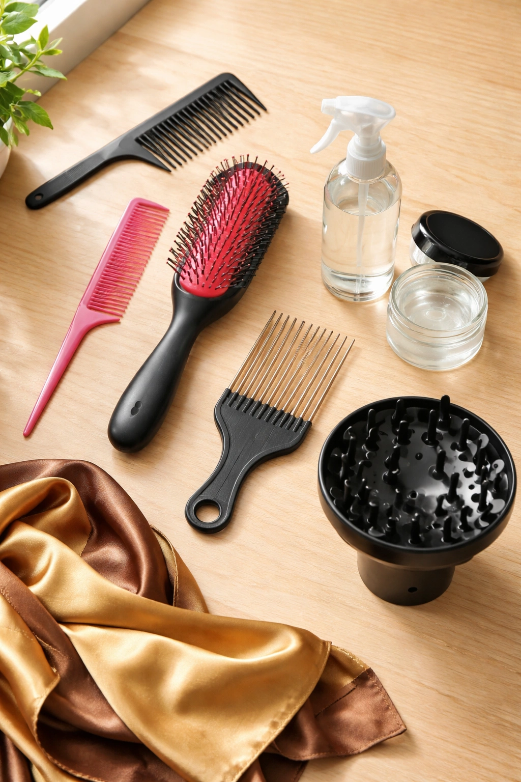 Flat lay of natural hair tools for side cornrows including combs, spray, gel, scarf and diffuser.