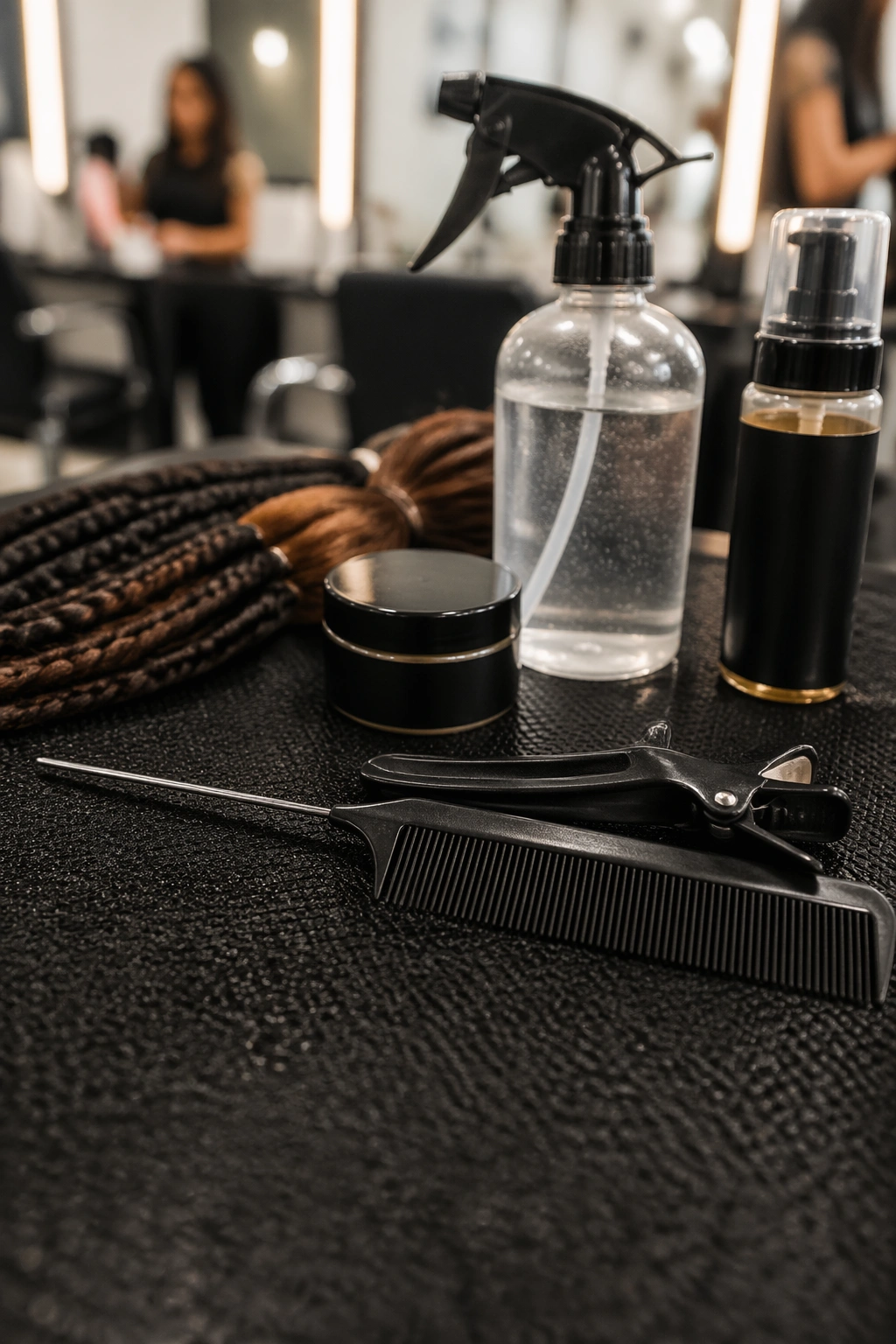 Close-up of essential braiding tools on a salon counter