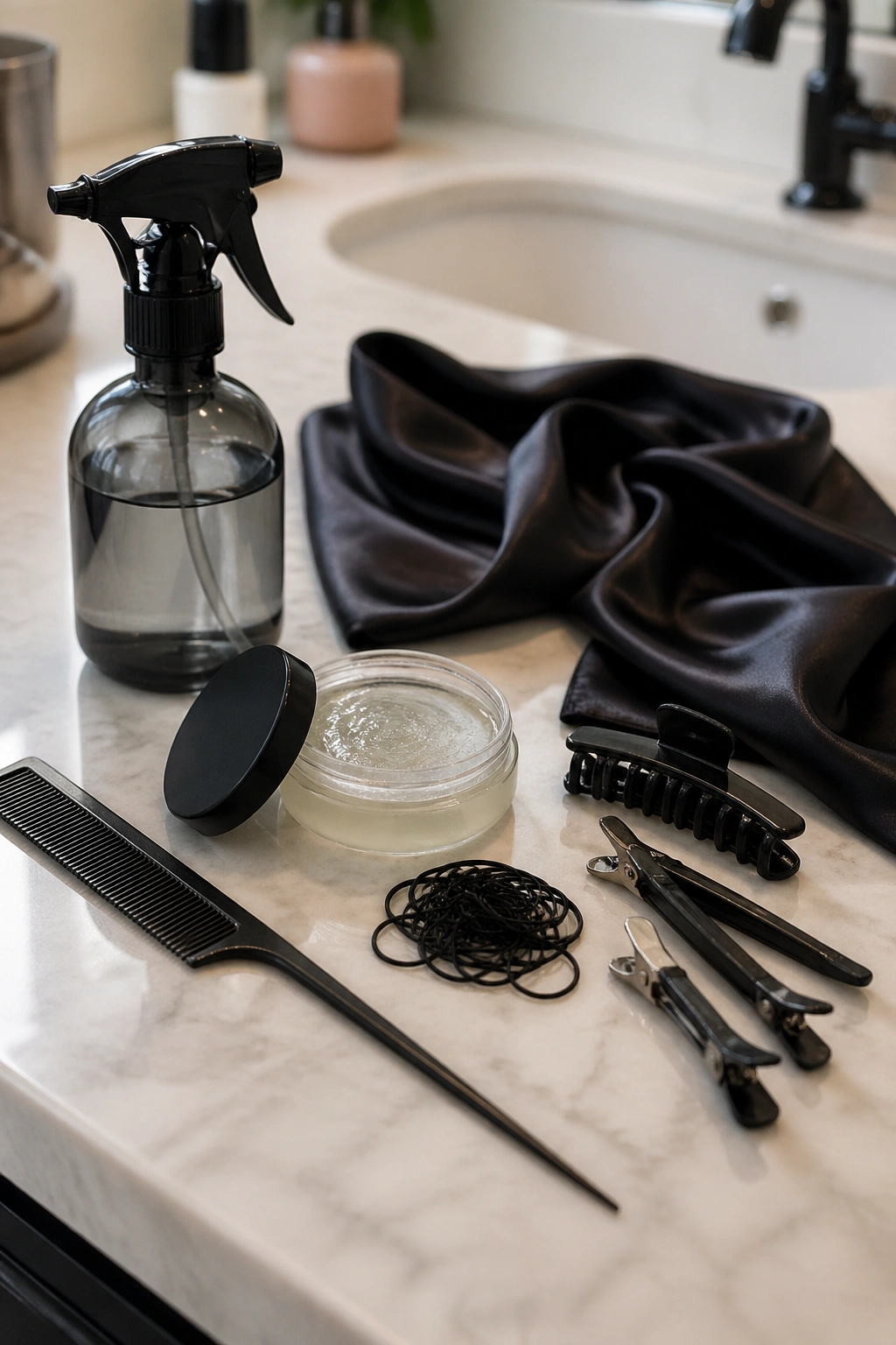 Tools for half cornrow prep arranged on a vanity in a bathroom setting