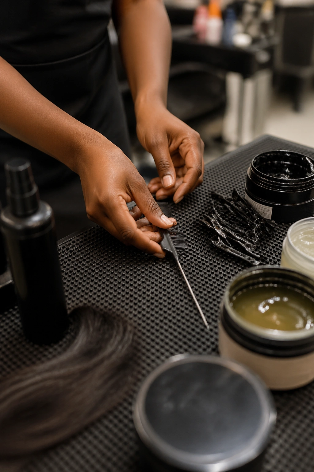 Hands arranging essential braiding tools on a salon table