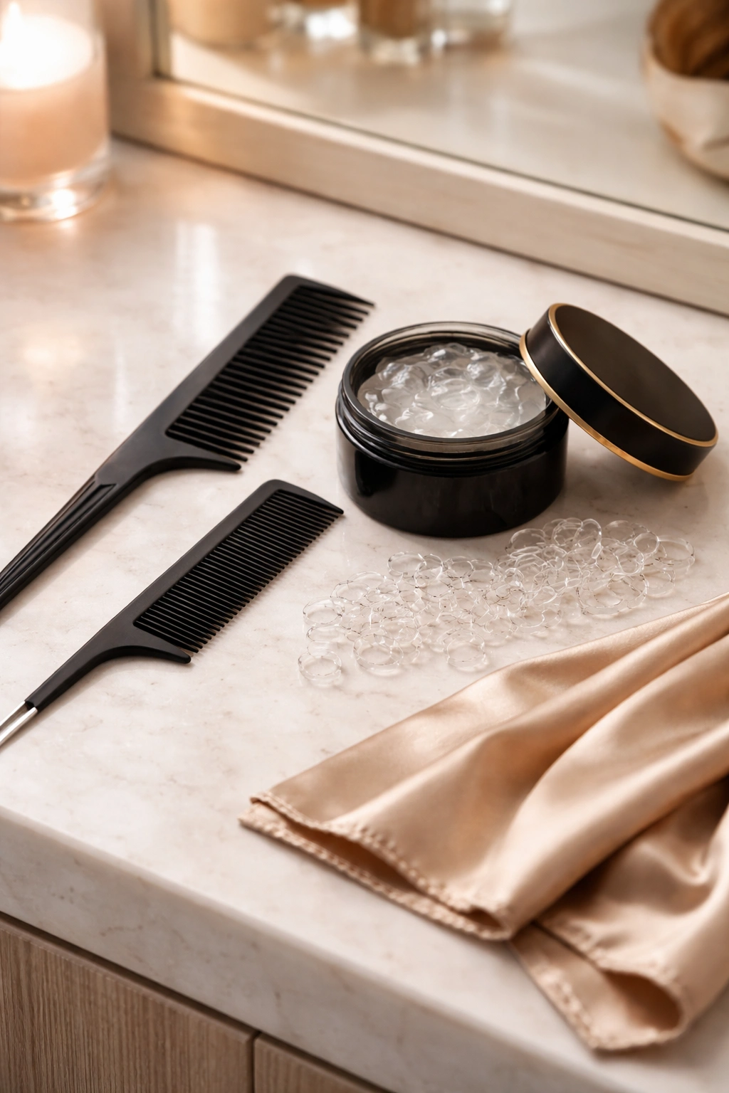 Close-up of essential braiding tools laid out on a counter.