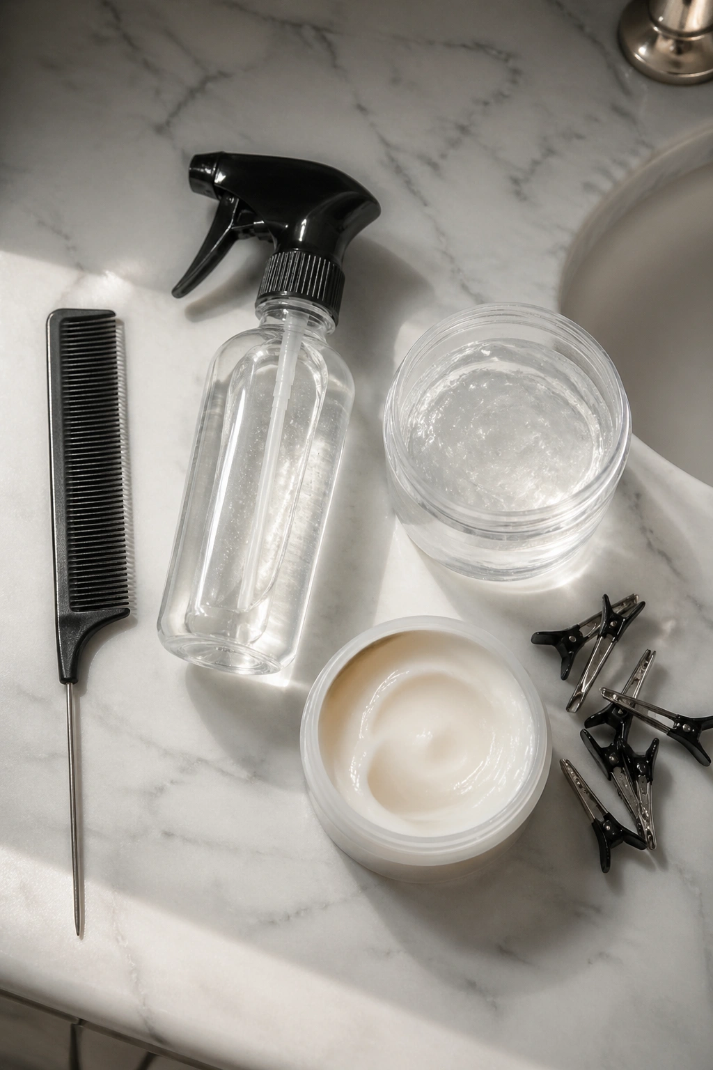 Flat lay of five cornrow prep items on a bathroom counter