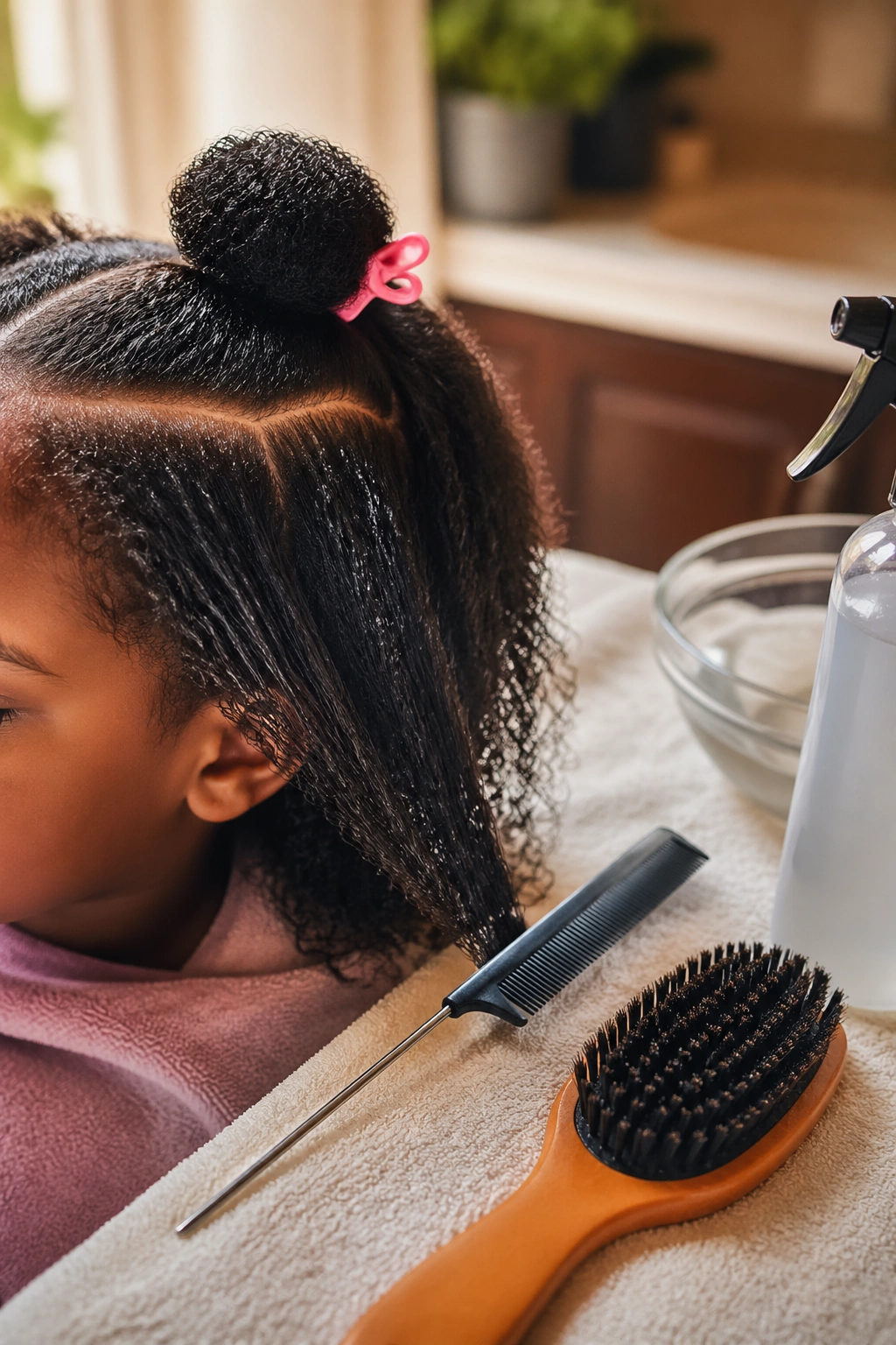 Braiding tools with a child's hair ready for cornrows
