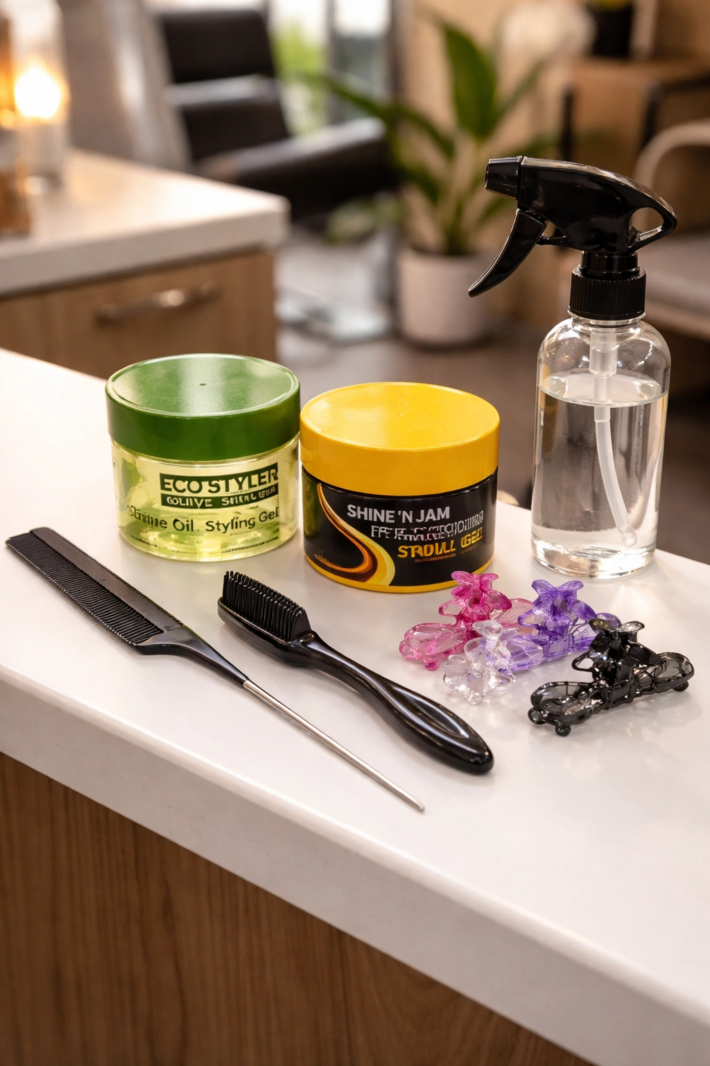 Close-up of essential braiding tools neatly arranged on a counter