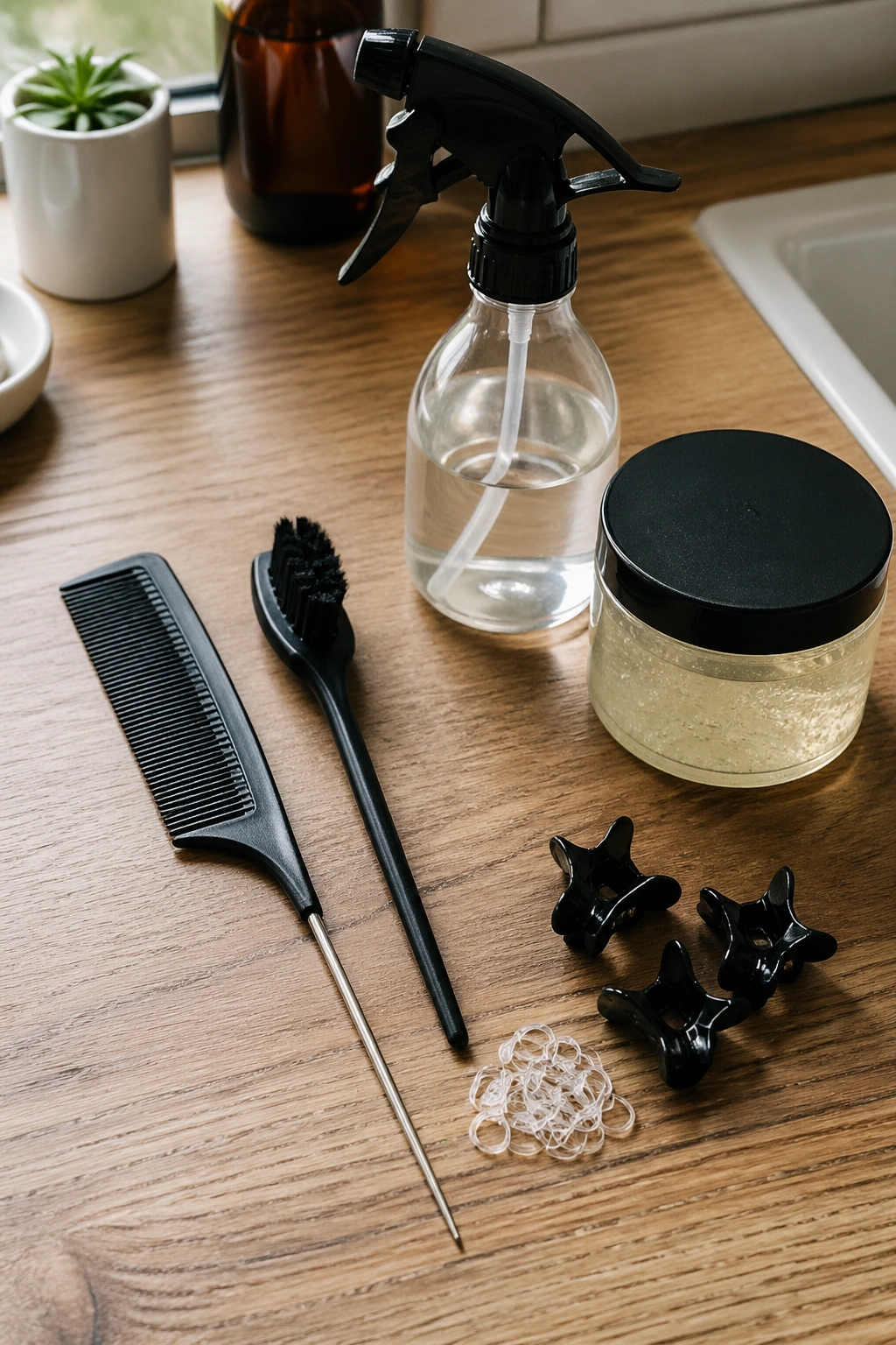 Close-up of beginner braiding tools arranged on a vanity