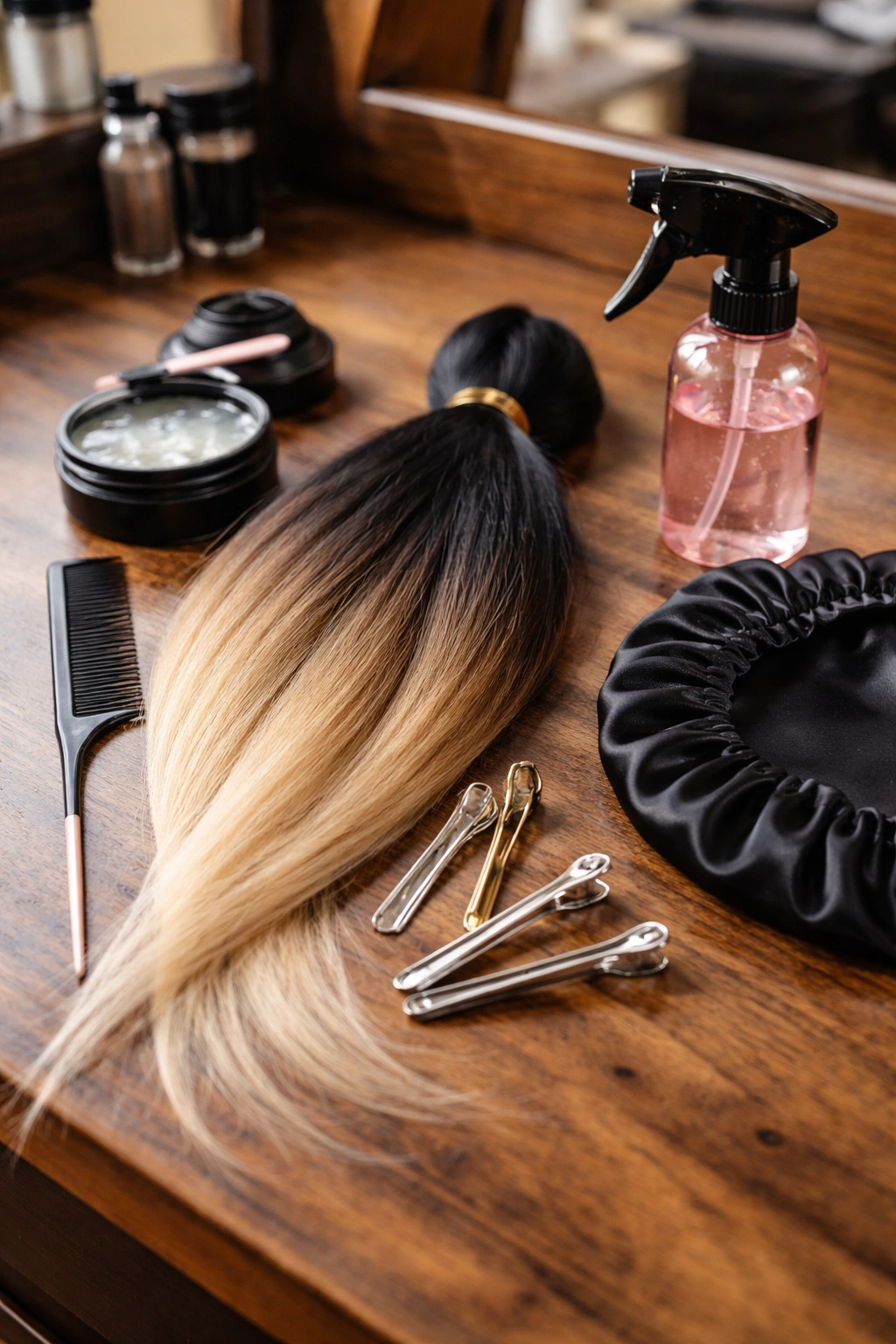 Close-up of essential cornrow braiding tools on a workstation