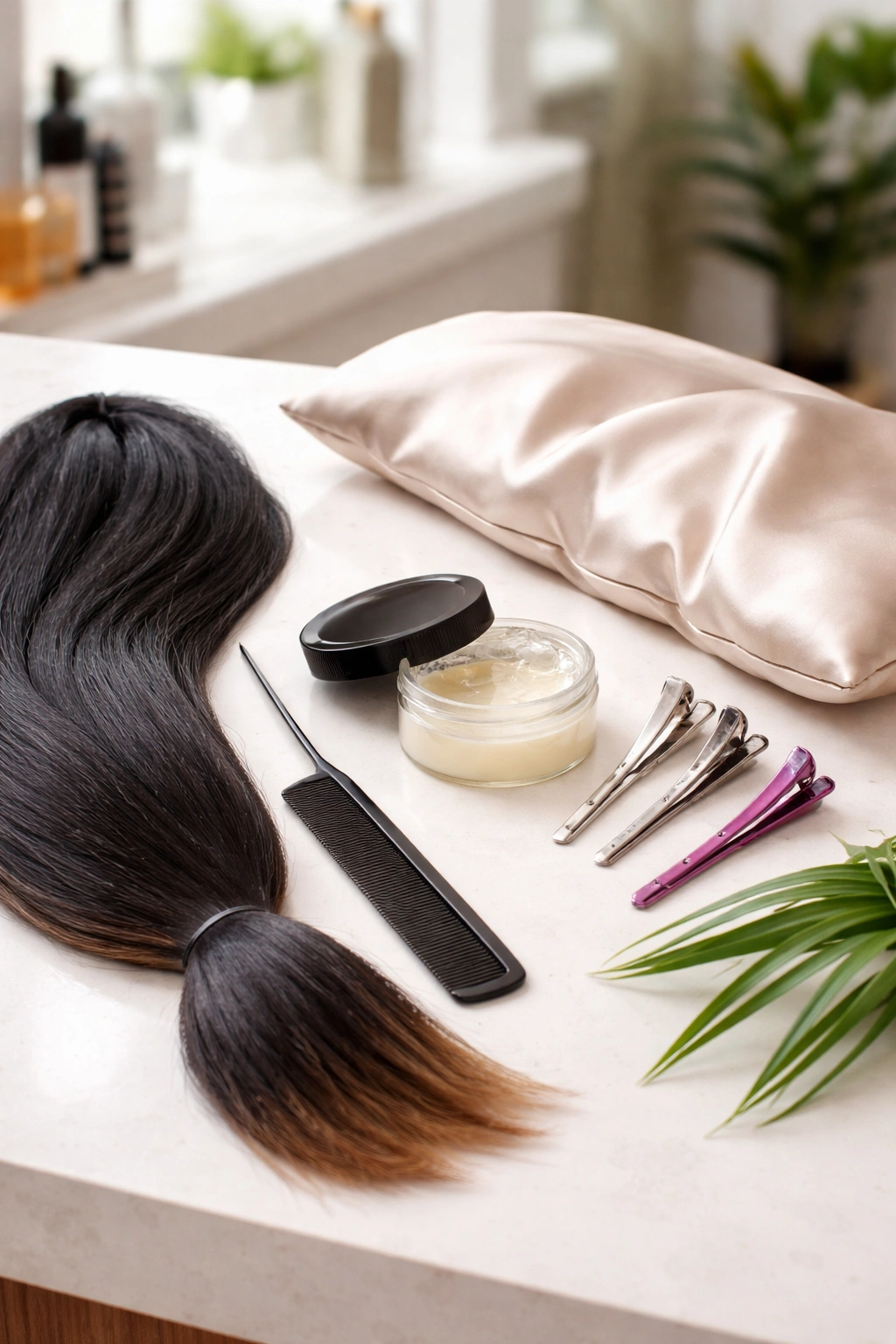 Close-up of essential braiding tools laid out on a clean surface