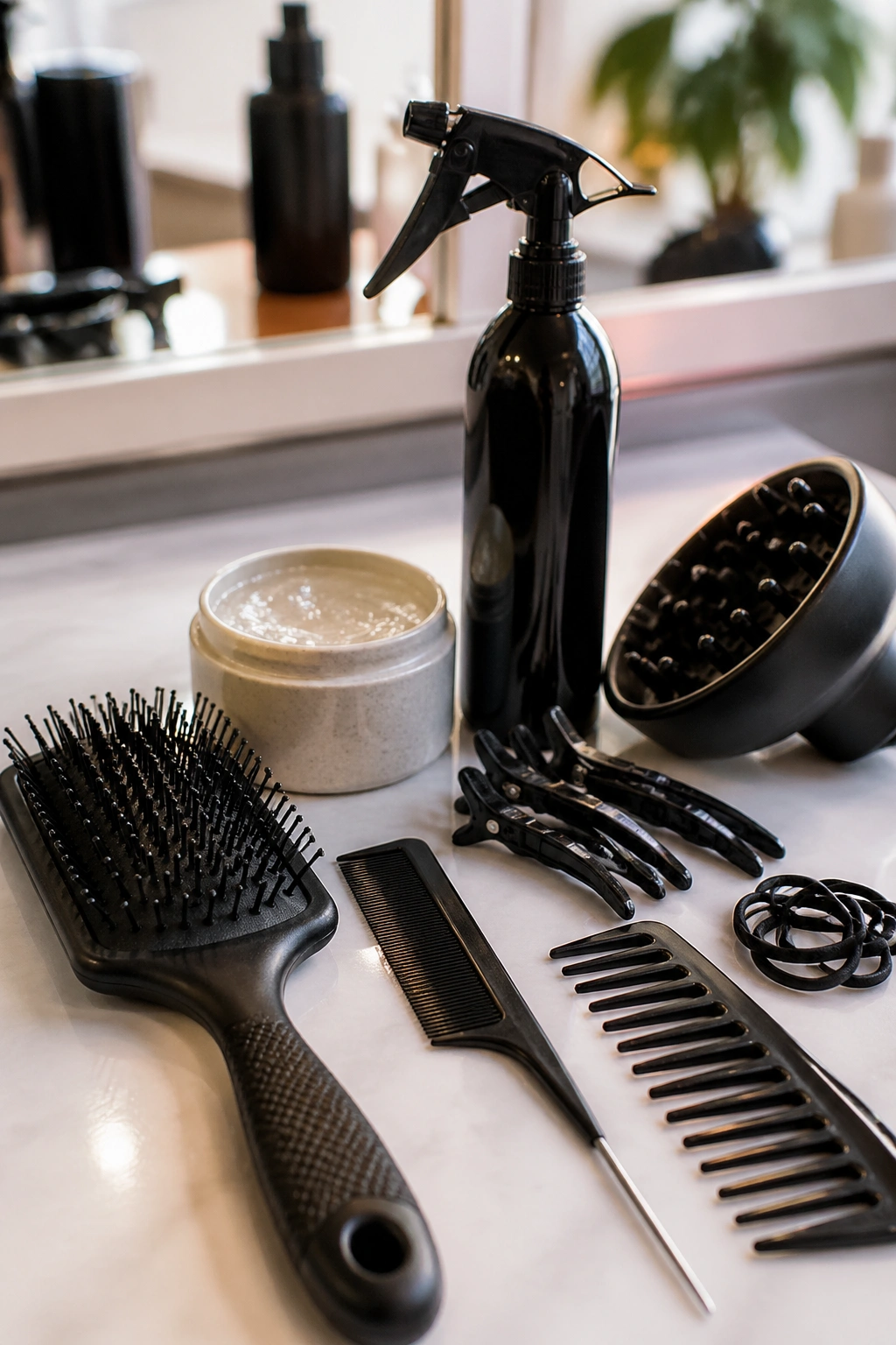 Close-up of essential braiding tools on a salon surface.
