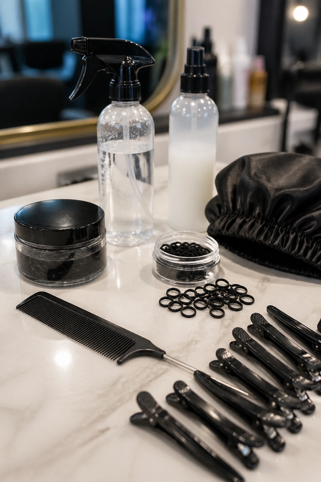 Close-up of braiding tools arranged on counter