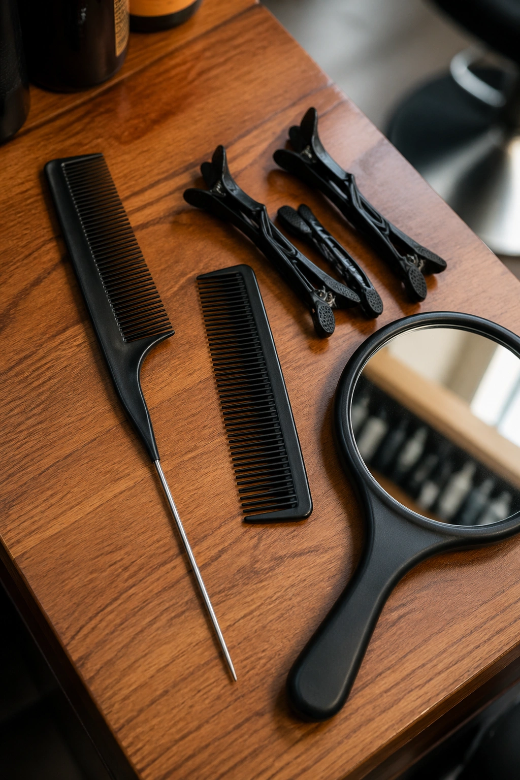 Top-down view of braiding tools laid out on a clean surface.