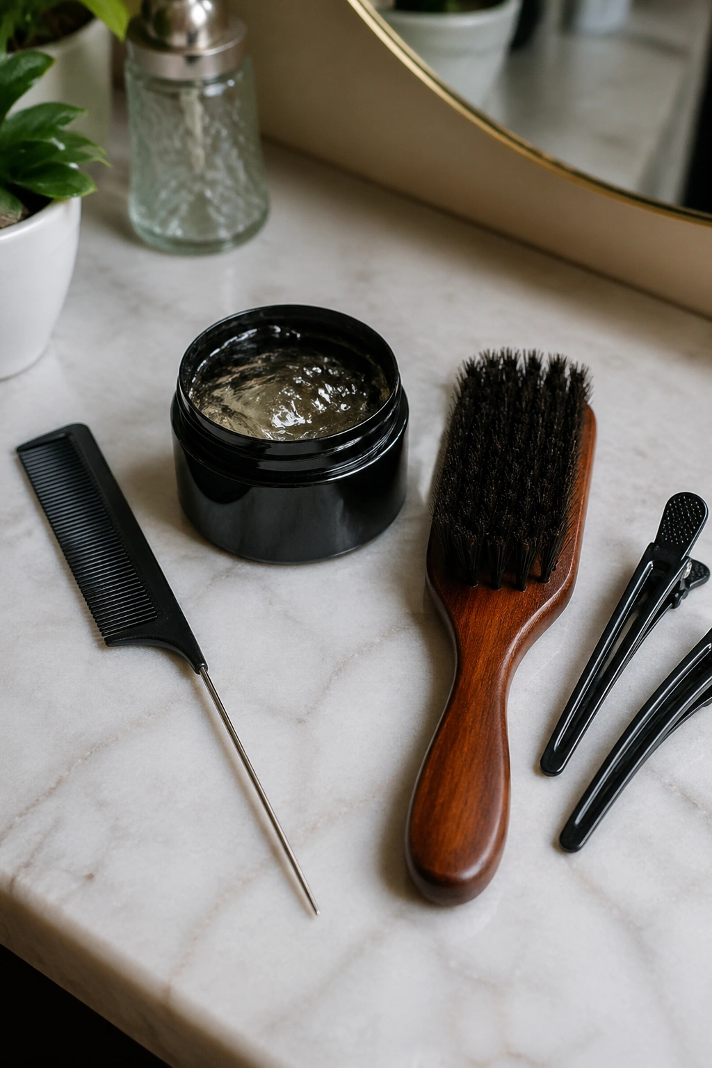 Four essential braiding tools on a vanity: rat-tail comb, edge gel, boar-bristle brush, and hair clips