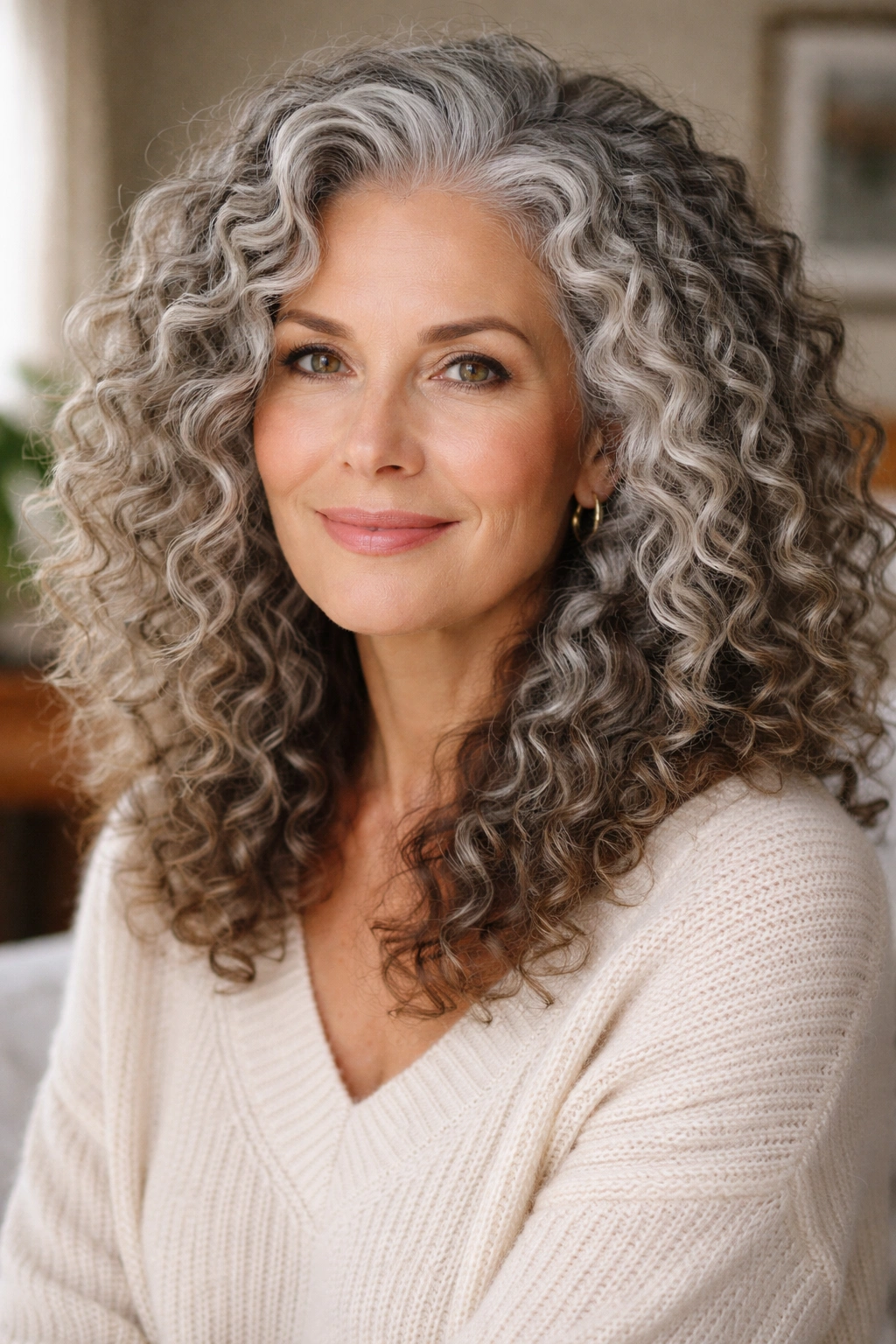 Close-up of a real woman with grey braid-out curls showing volume in soft natural light