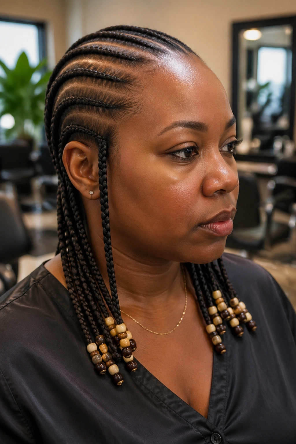 Portrait of a person with five straight-back cornrows and beads
