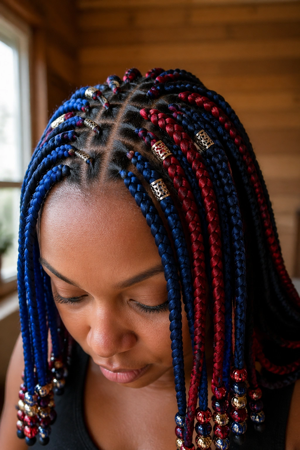 Real woman wearing blue and red box braids with beads and cuffs shown close-up.