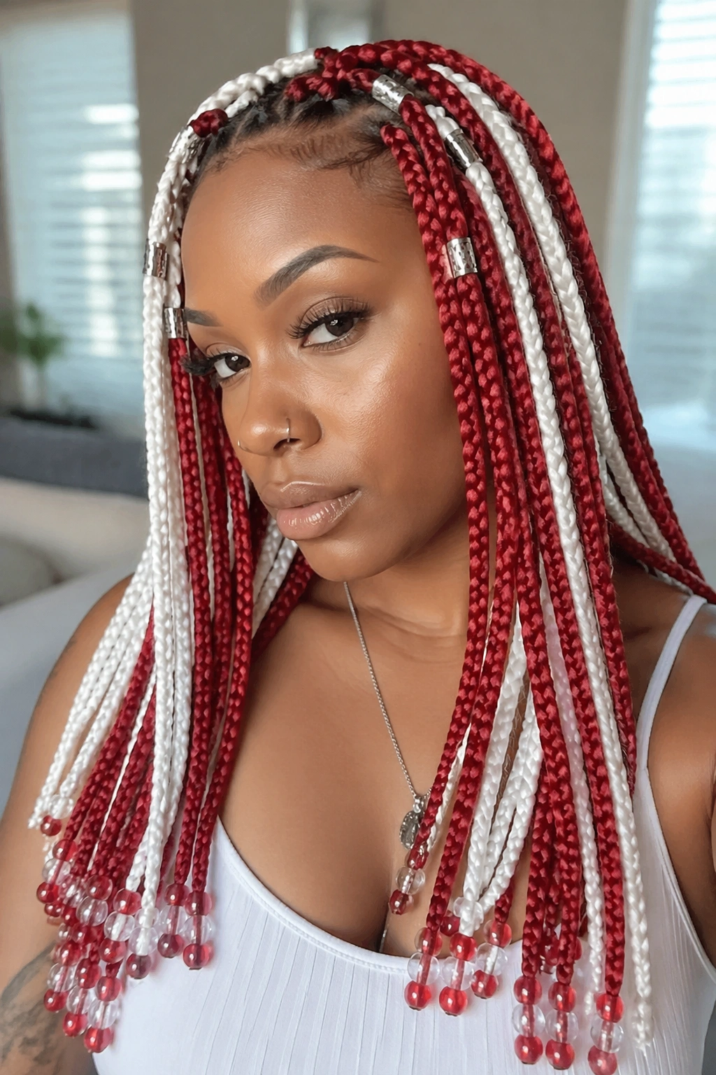 Close-up of a real person with red and white box braids featuring beads and cuffs