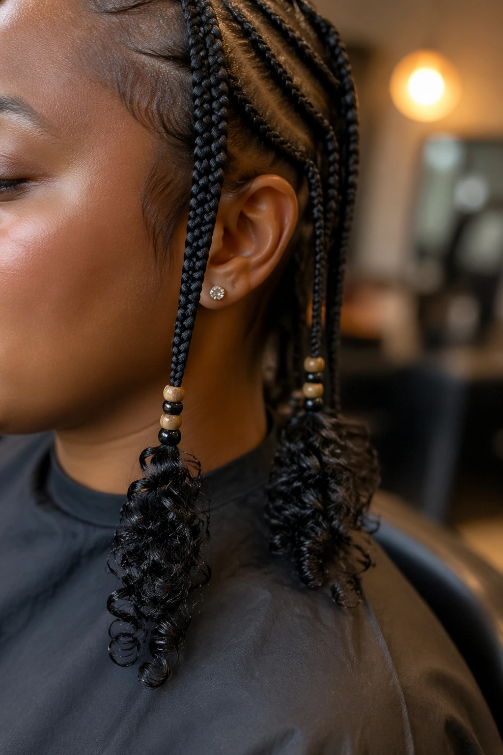 Close-up of Fulani braids with beaded ends and curly tips in a salon setting