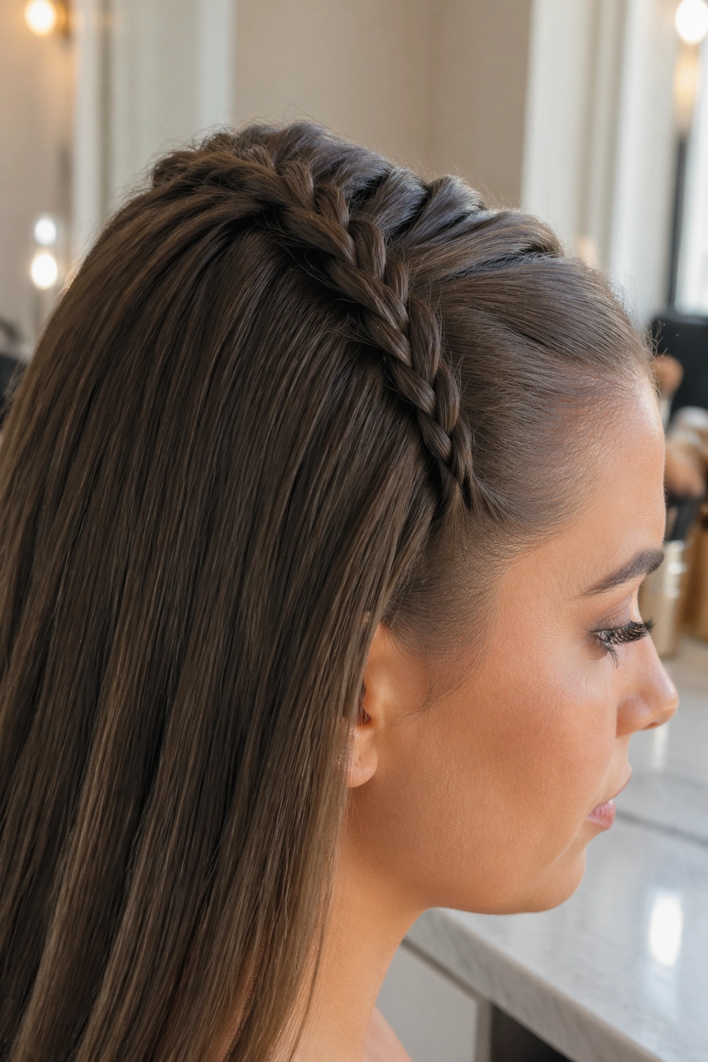 Close-up of Sleek Braided Half-Up with Straight Ends on bridal hair