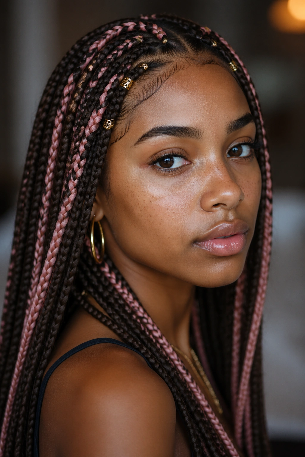 Close-up portrait of a real person with brown and pink box braids accented by gold cuffs near the temples