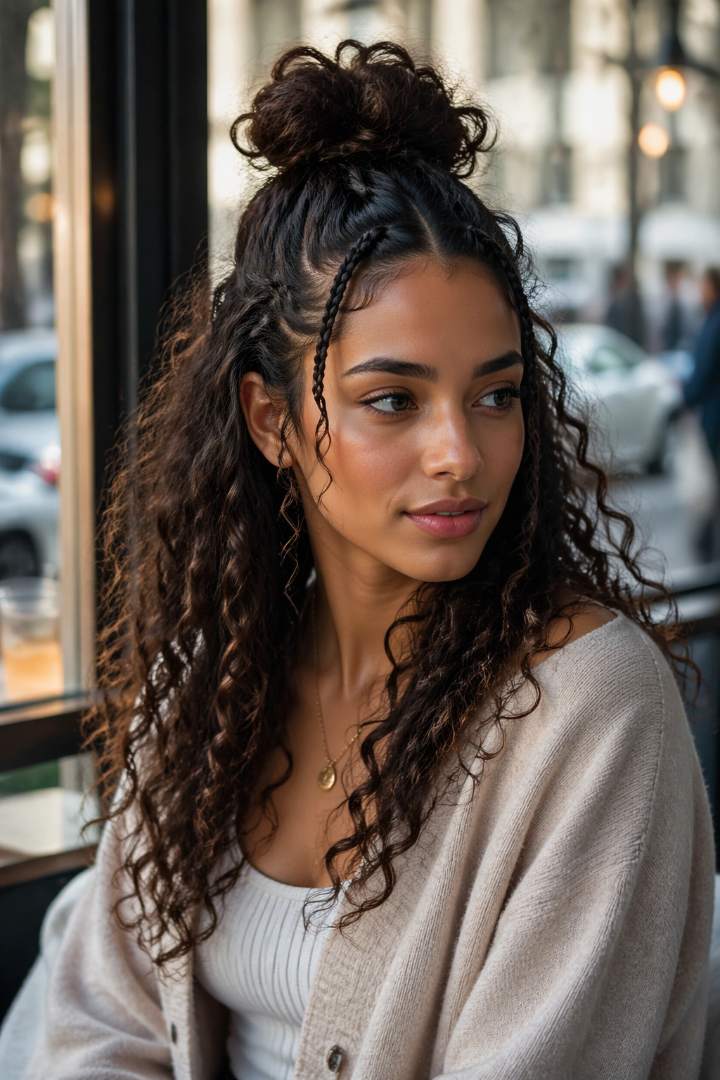 Wide shot of micro-braided accent bun in a cafe setting.