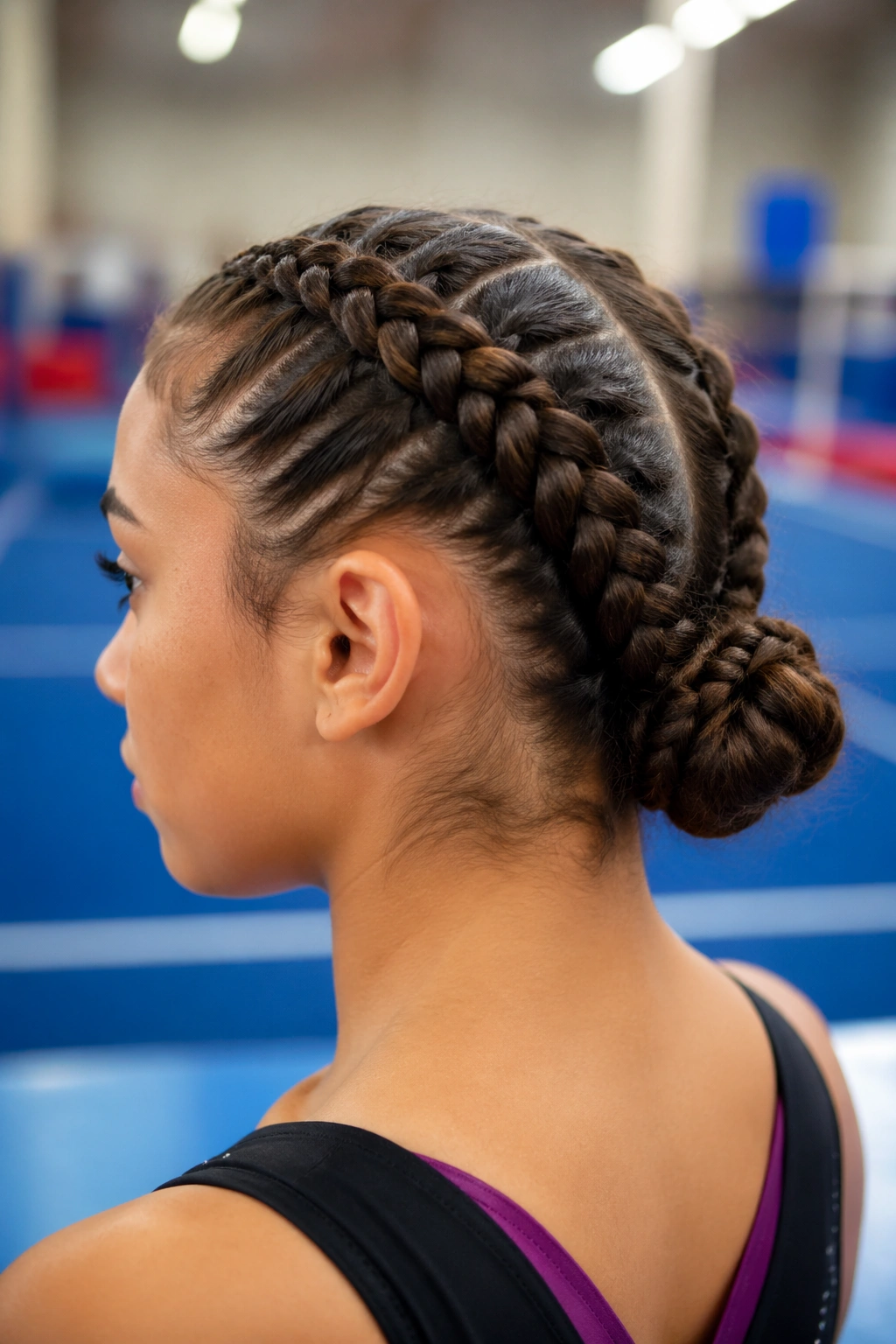 Close-up of athlete with double Dutch braids into a low bun