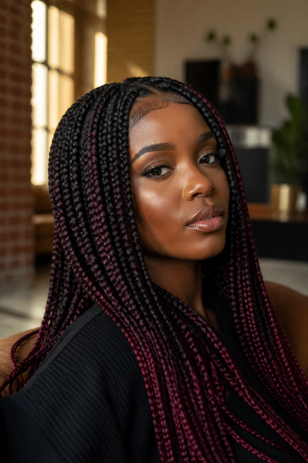 Close-up of black base braids with burgundy accents on a real person