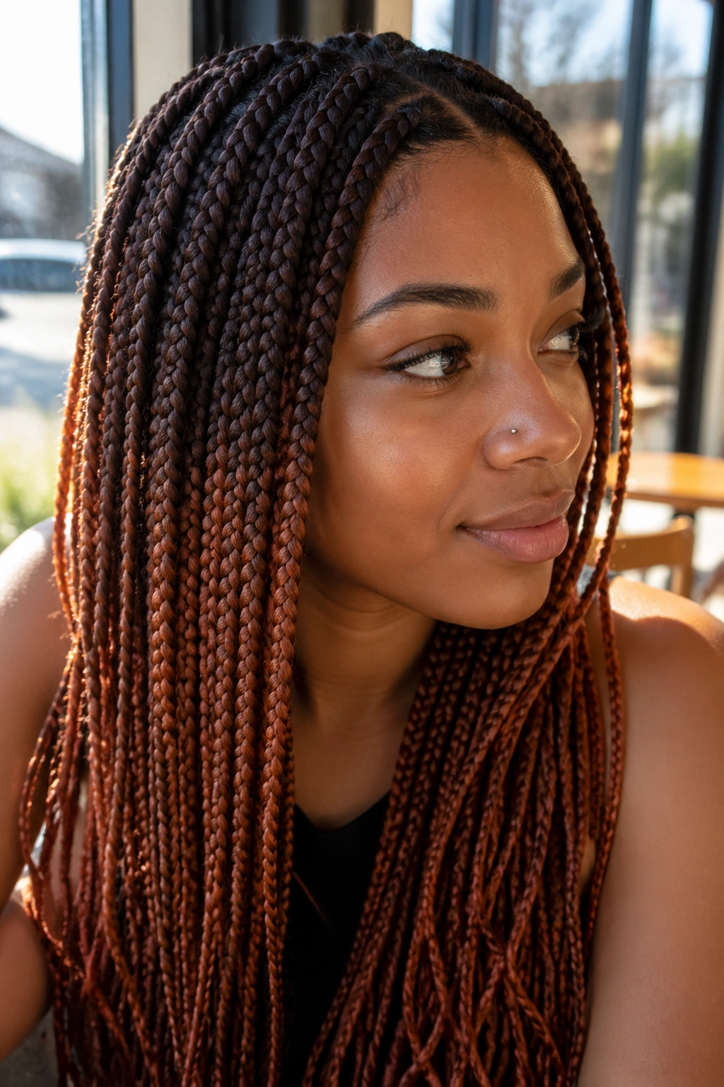 Chestnut box braids with copper ends starting near ear level on a real person