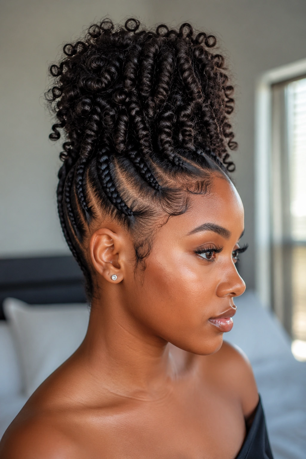 Close-up of a real woman’s braided updo with a curly top puff, braids radiating to a crown puff