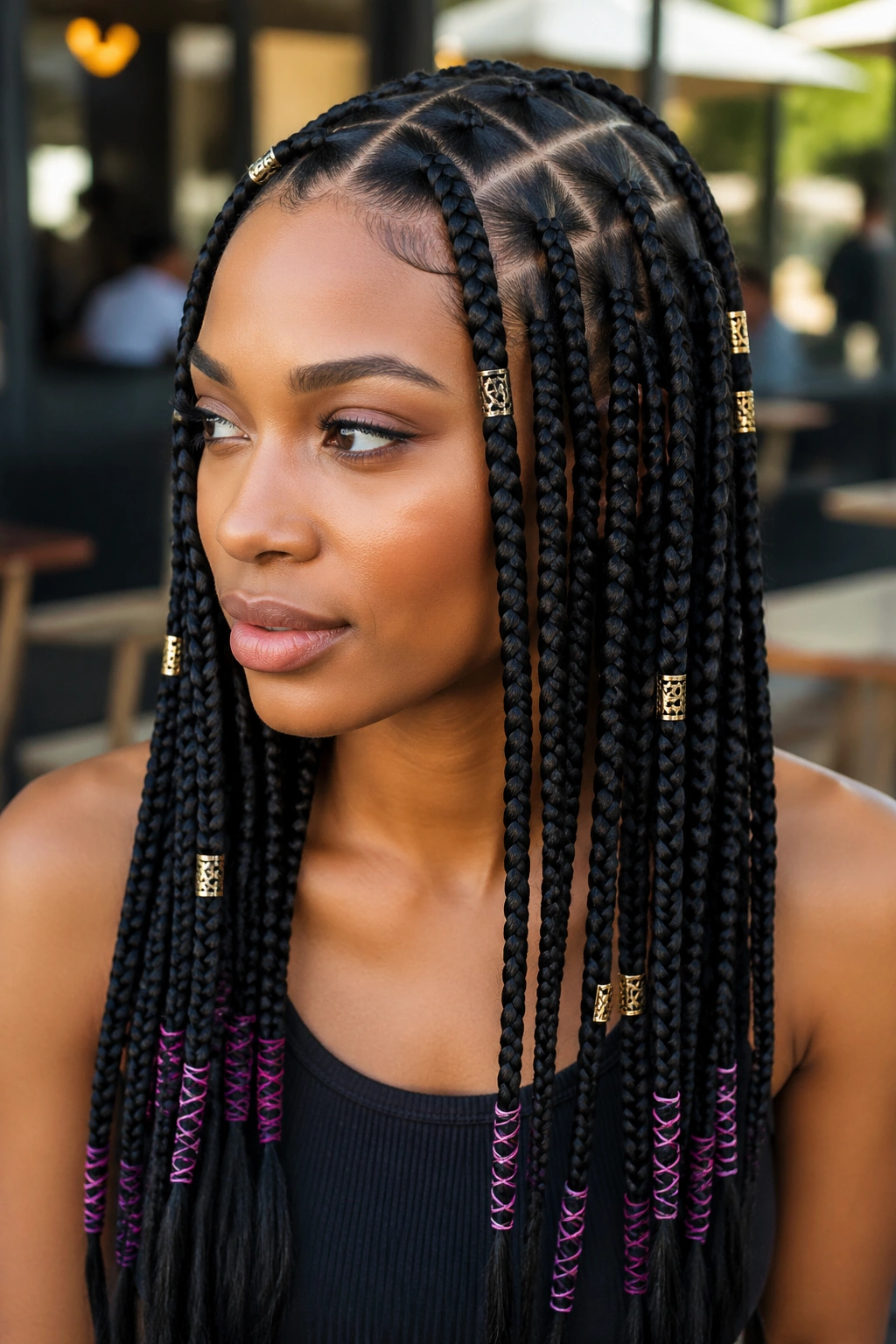 Close-up of a real woman with triangle-part box braids, cuffs, and thread near the ends