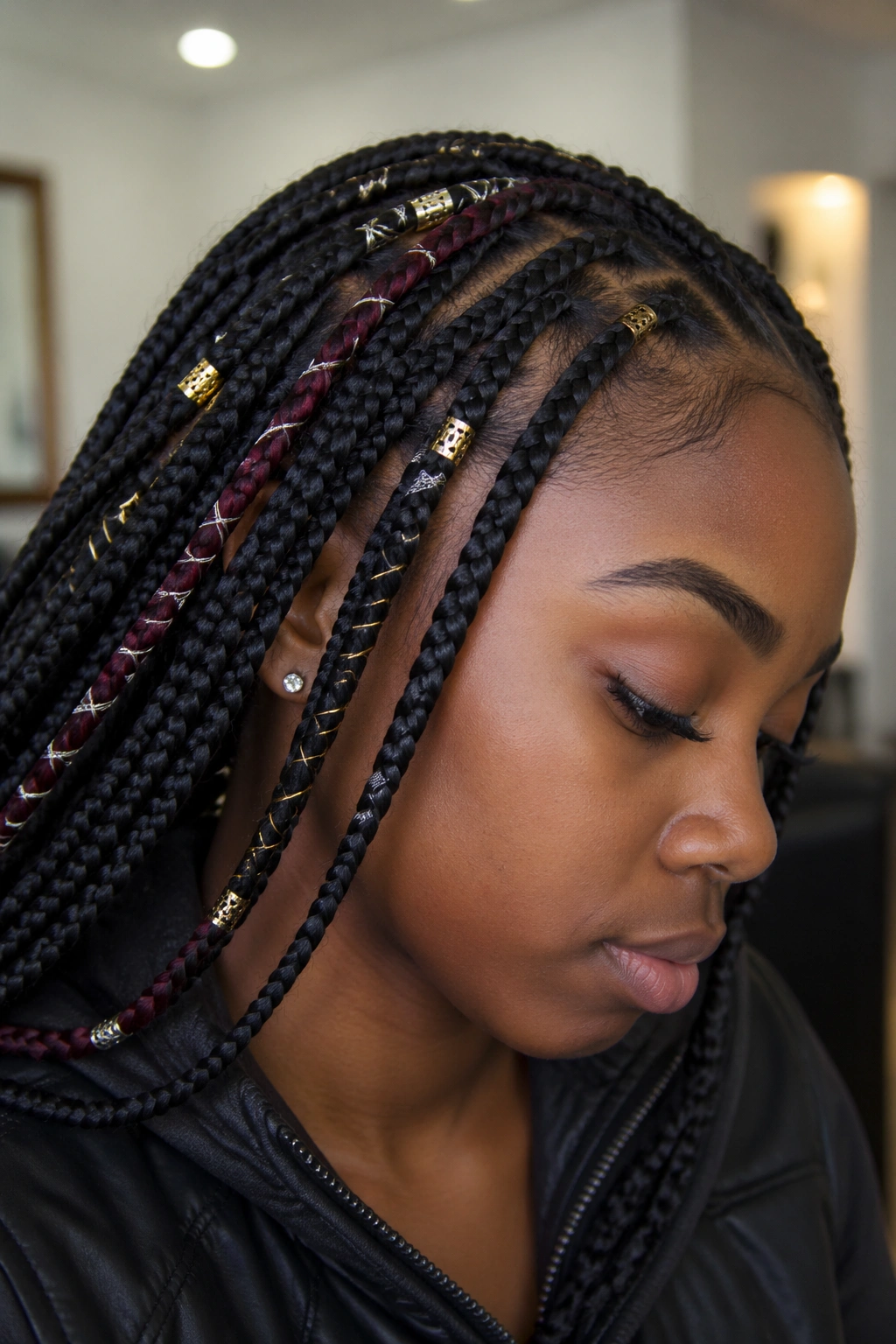 Real person with peekaboo braids featuring cuffs and thread wraps
