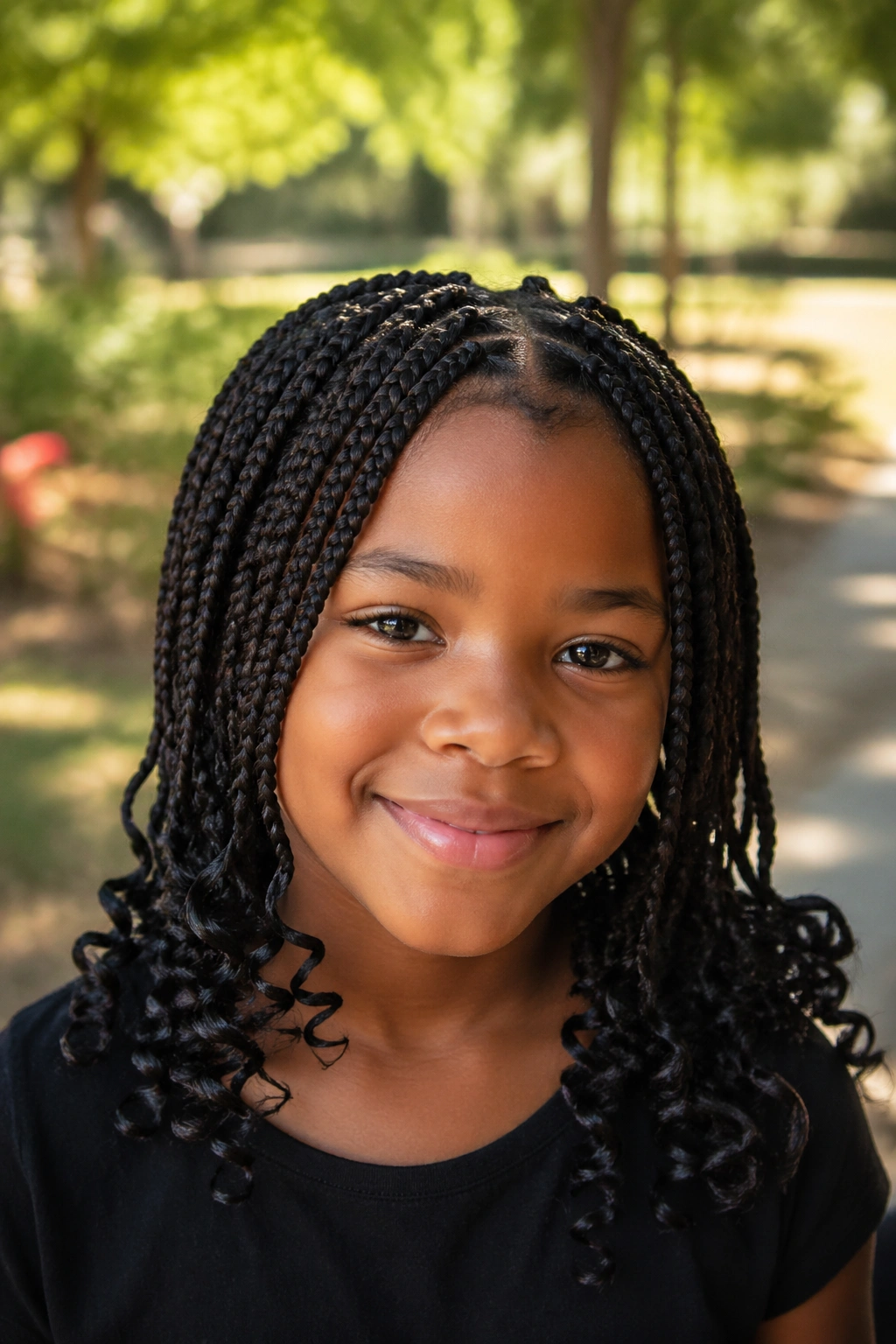 Close-up of box braids with curled ends on a child