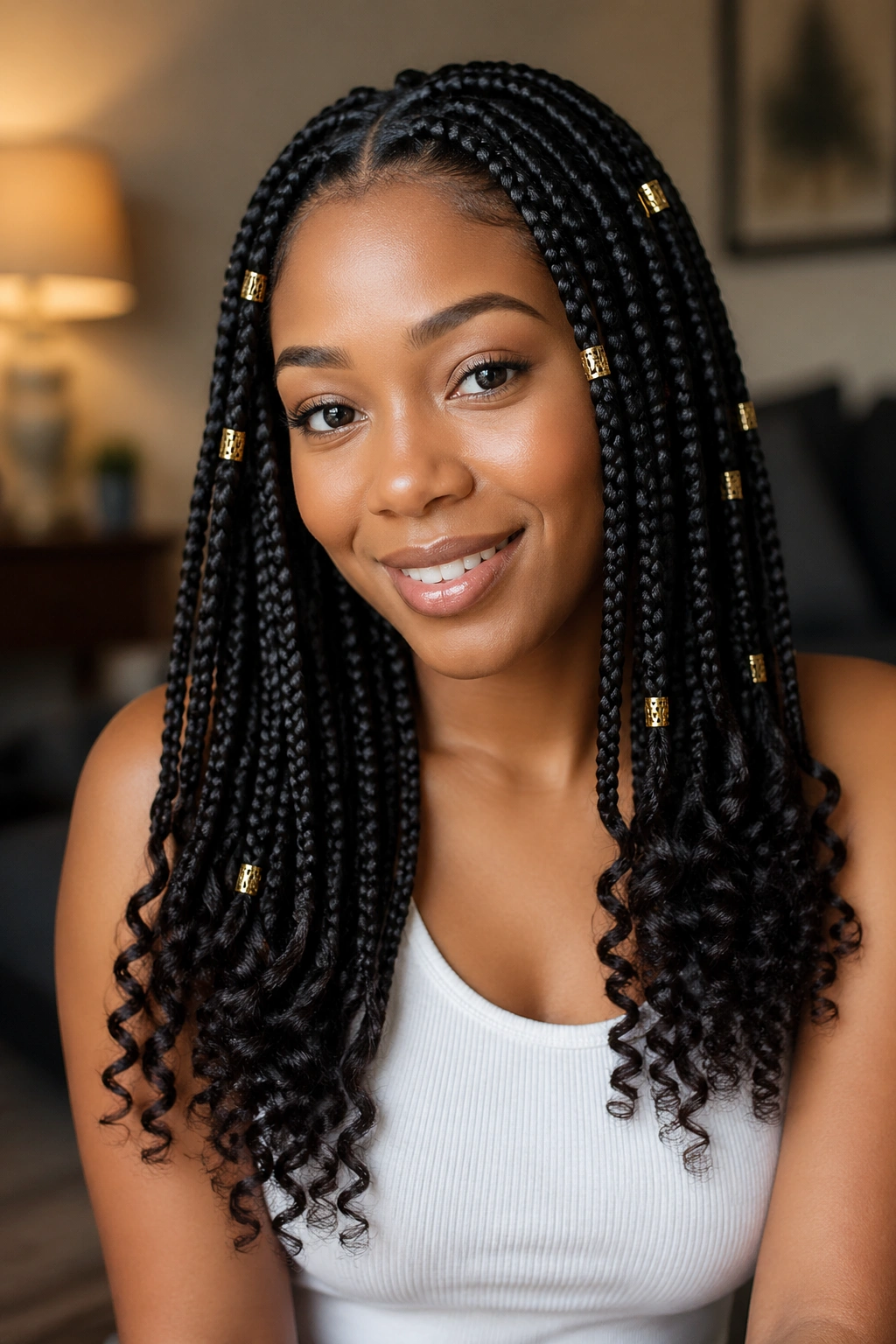 Real woman with braids and gold cuffs in a cozy indoor setting