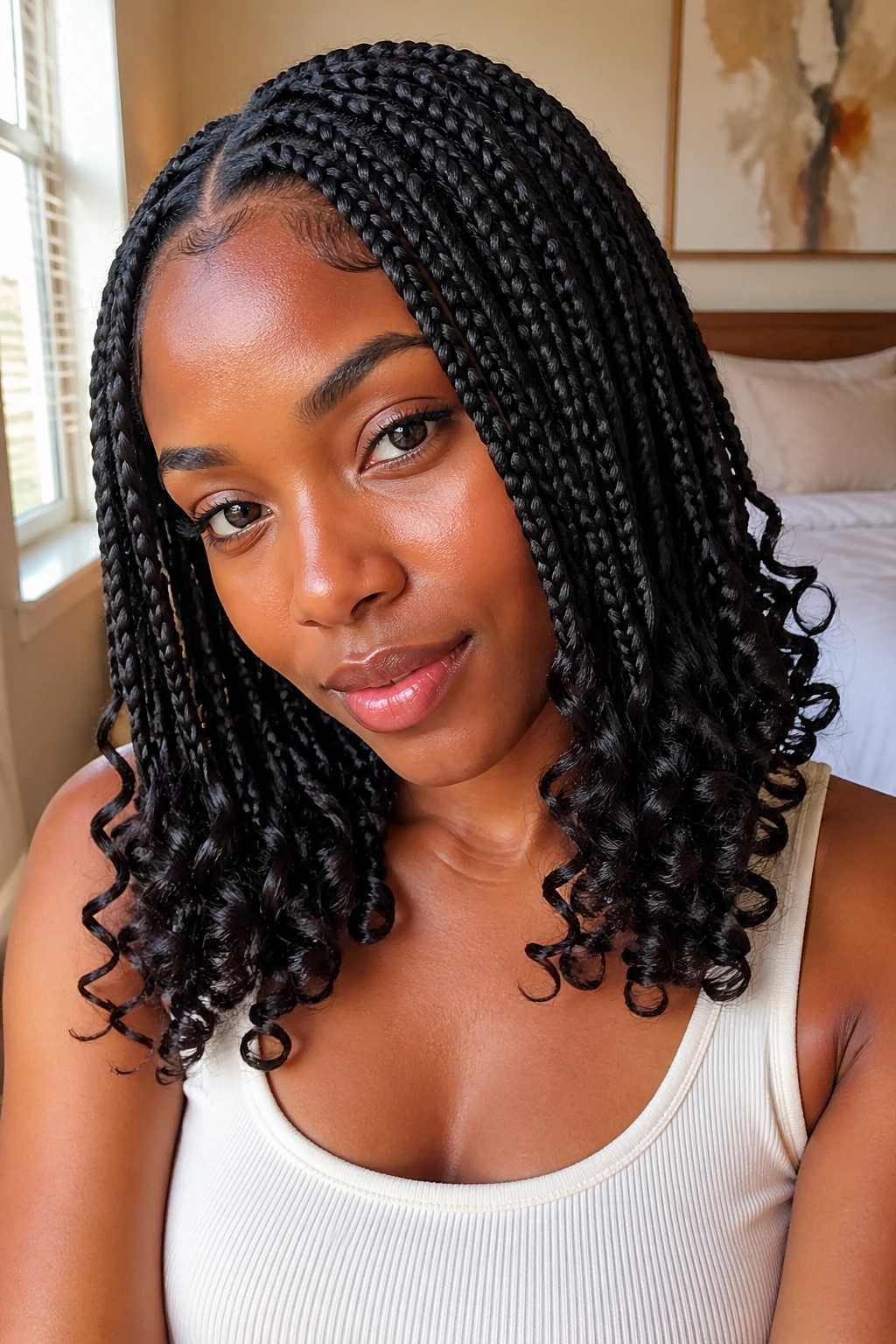 Close-up of a real woman with braids ending in curls, shoulder-to-neck length under natural window light