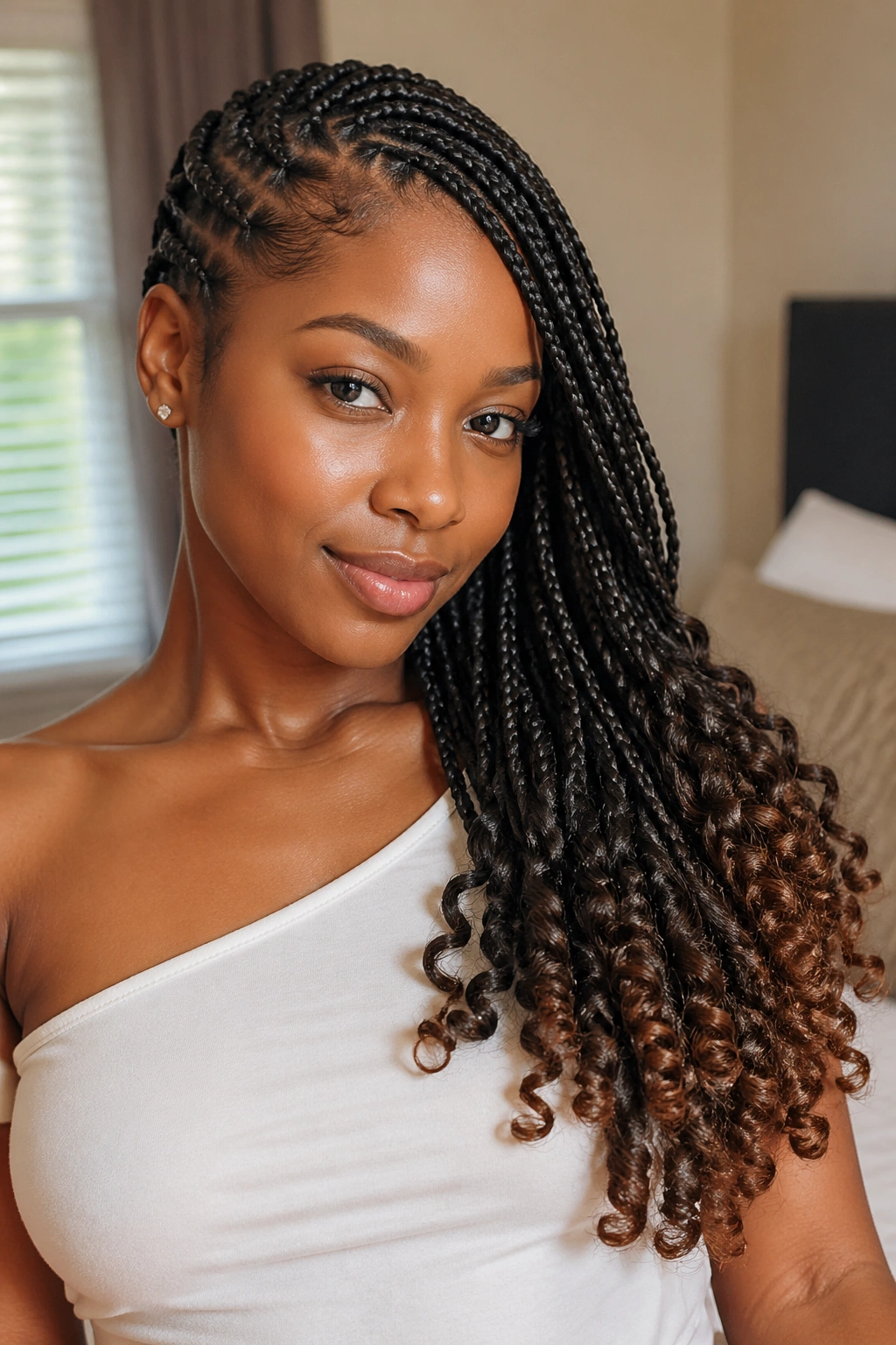 Close-up of a real woman with braids gathered to one shoulder and curly ends, warm window light.