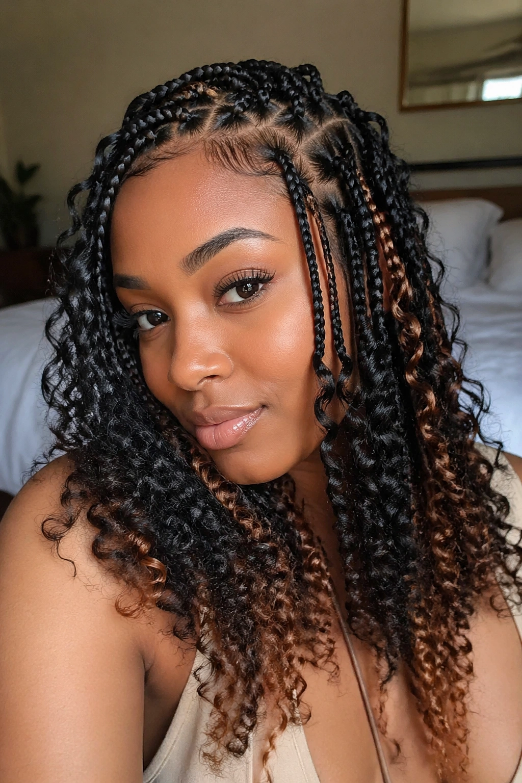 Close-up of a real Black woman's head showing braids meeting curls with natural light.