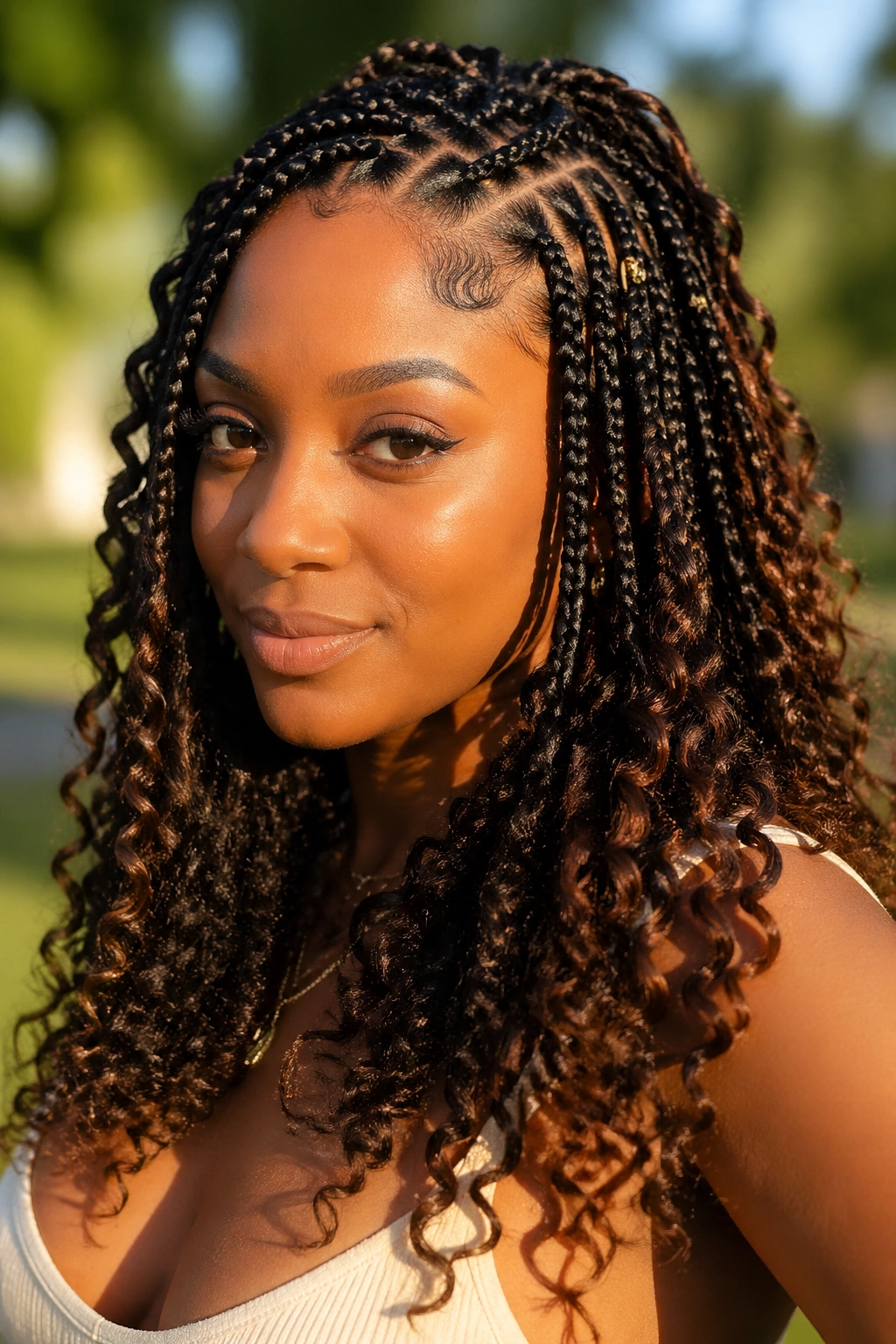 Medium close-up of a person with braids and curling ends in a sunlit park.