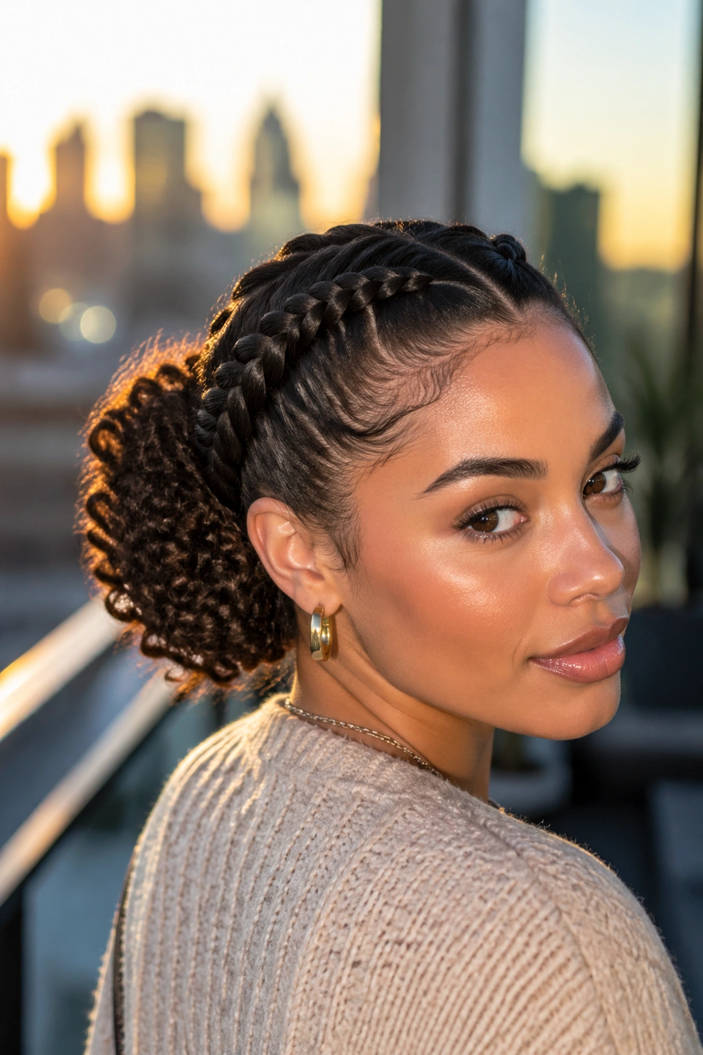 Close-up of two braids forming a curly bun on a real person on a balcony at golden hour