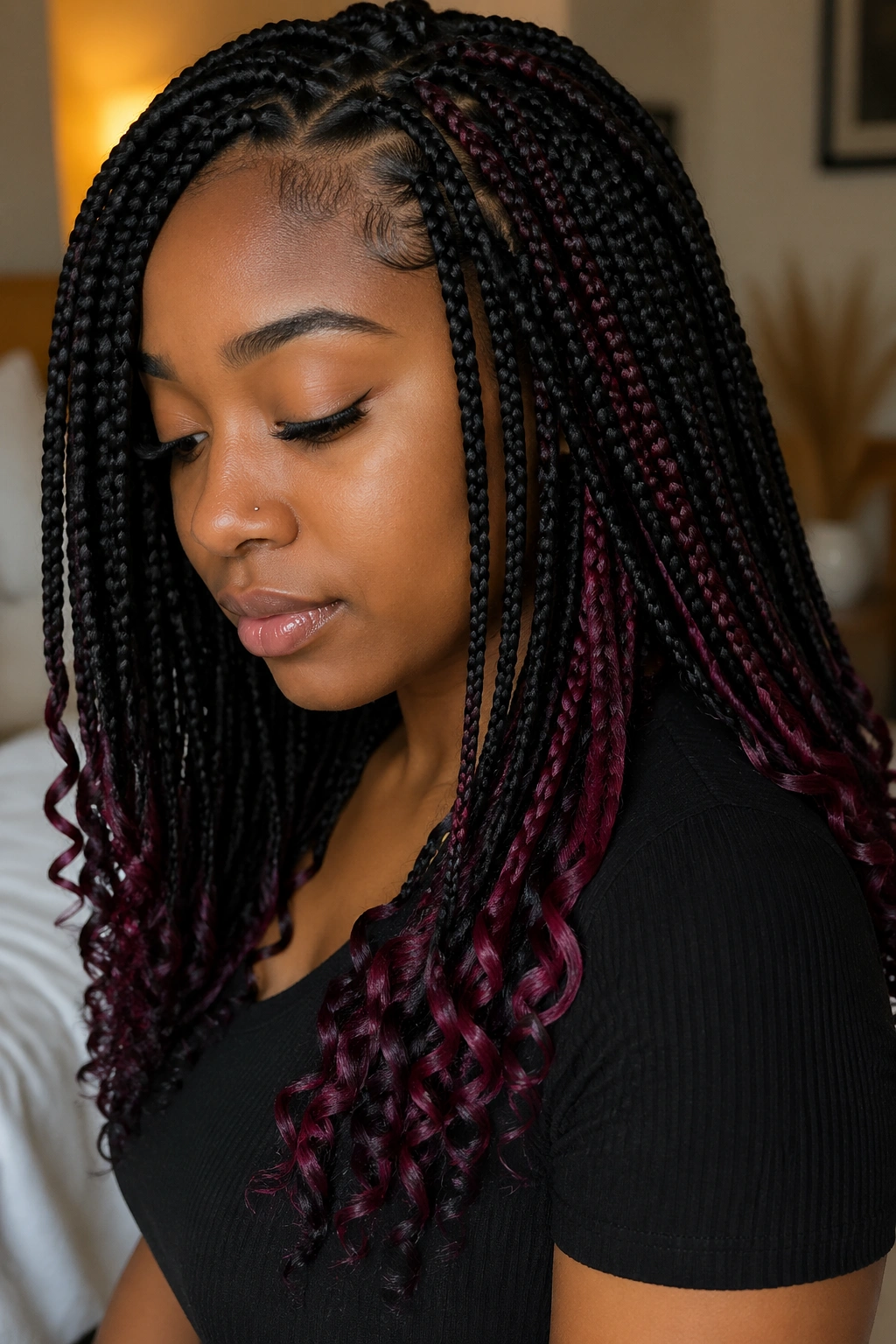 Real person with braids featuring curly ends and hidden color