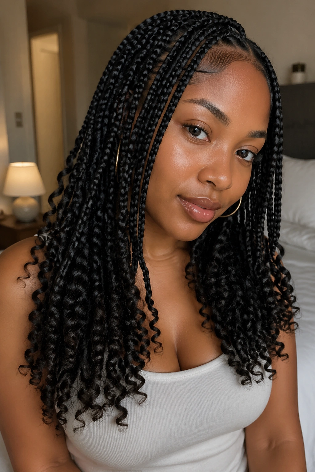 Close-up of a real woman's braids with curly ends in warm window light.