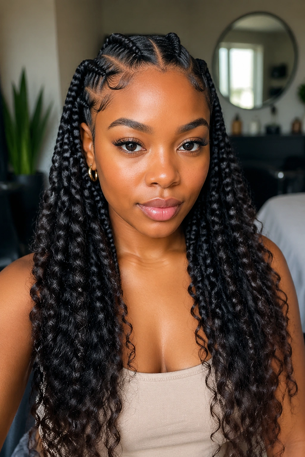 Close-up of a real person with eight braids and curly feed-in extensions.