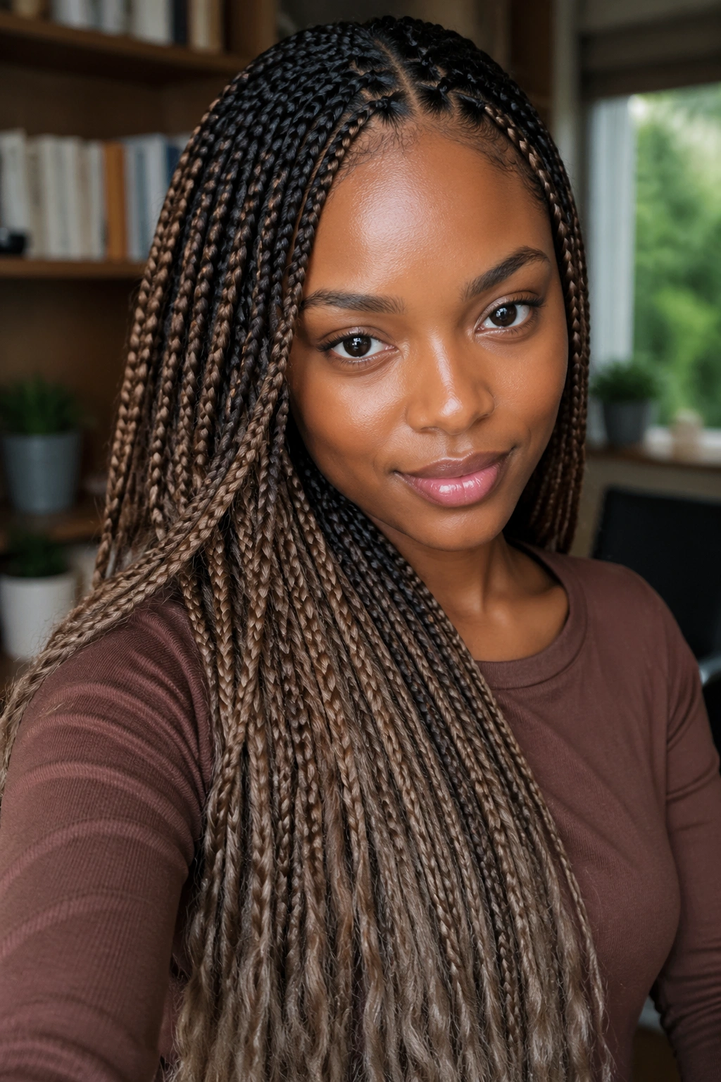 Real person with Espresso Mocha Ash Brown multi-tone braids