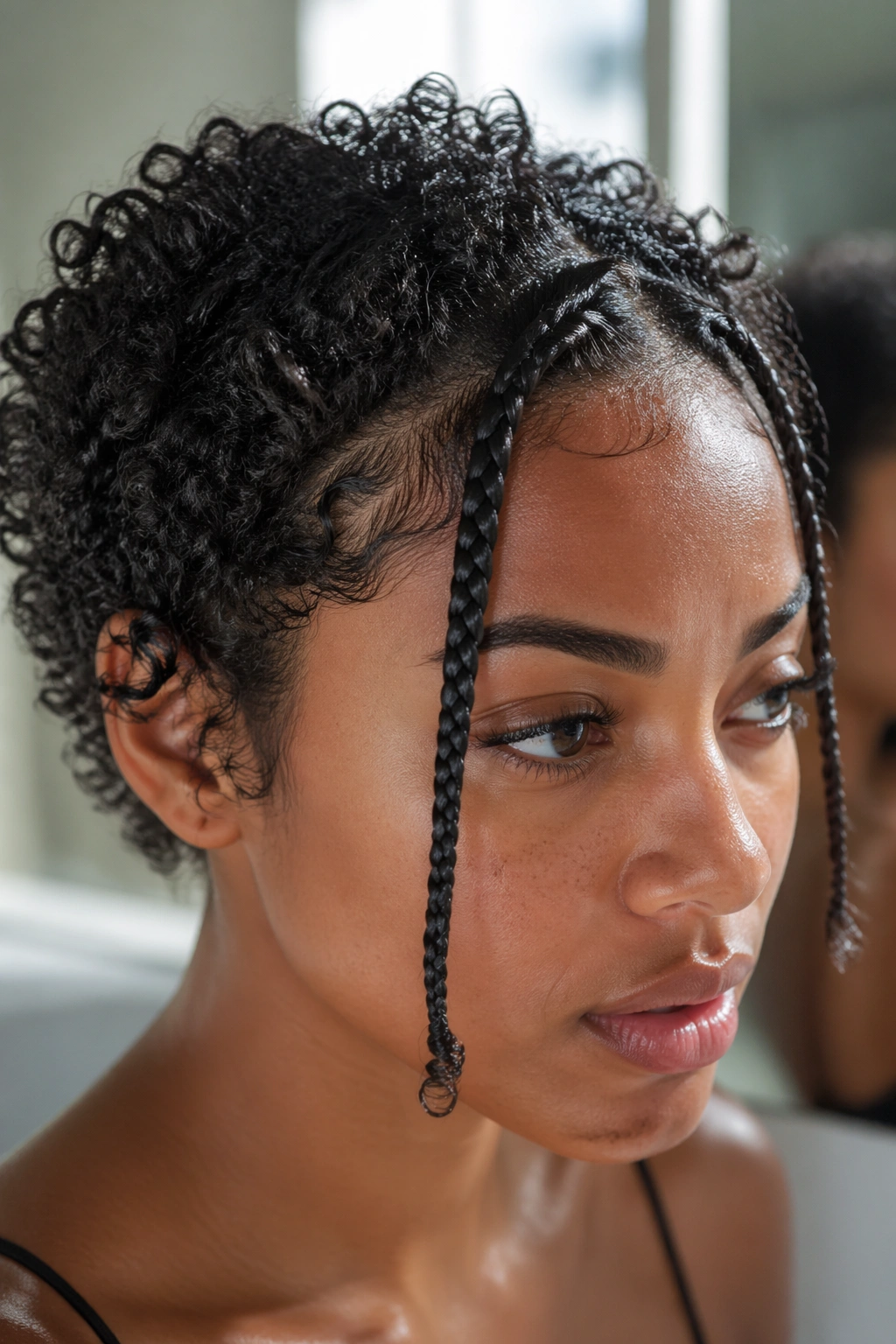 Close-up of tiny front two-strand braids framing the face in a bathroom mirror