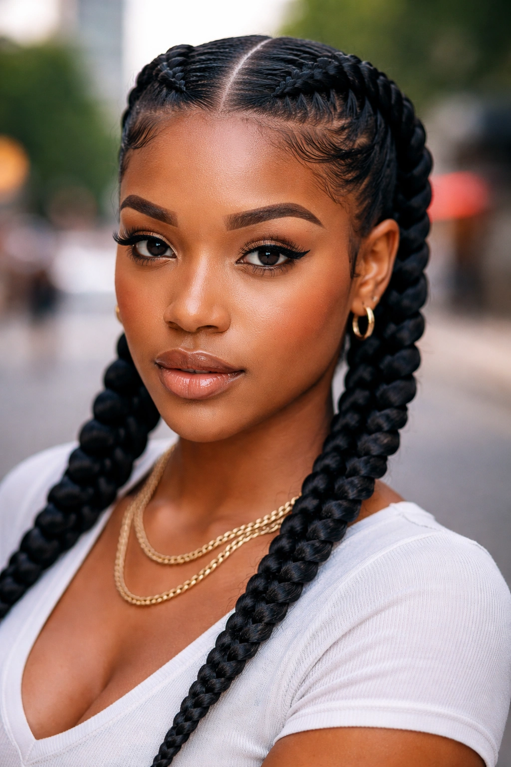 Close-up of a real woman with two thick feed-in braids outdoors