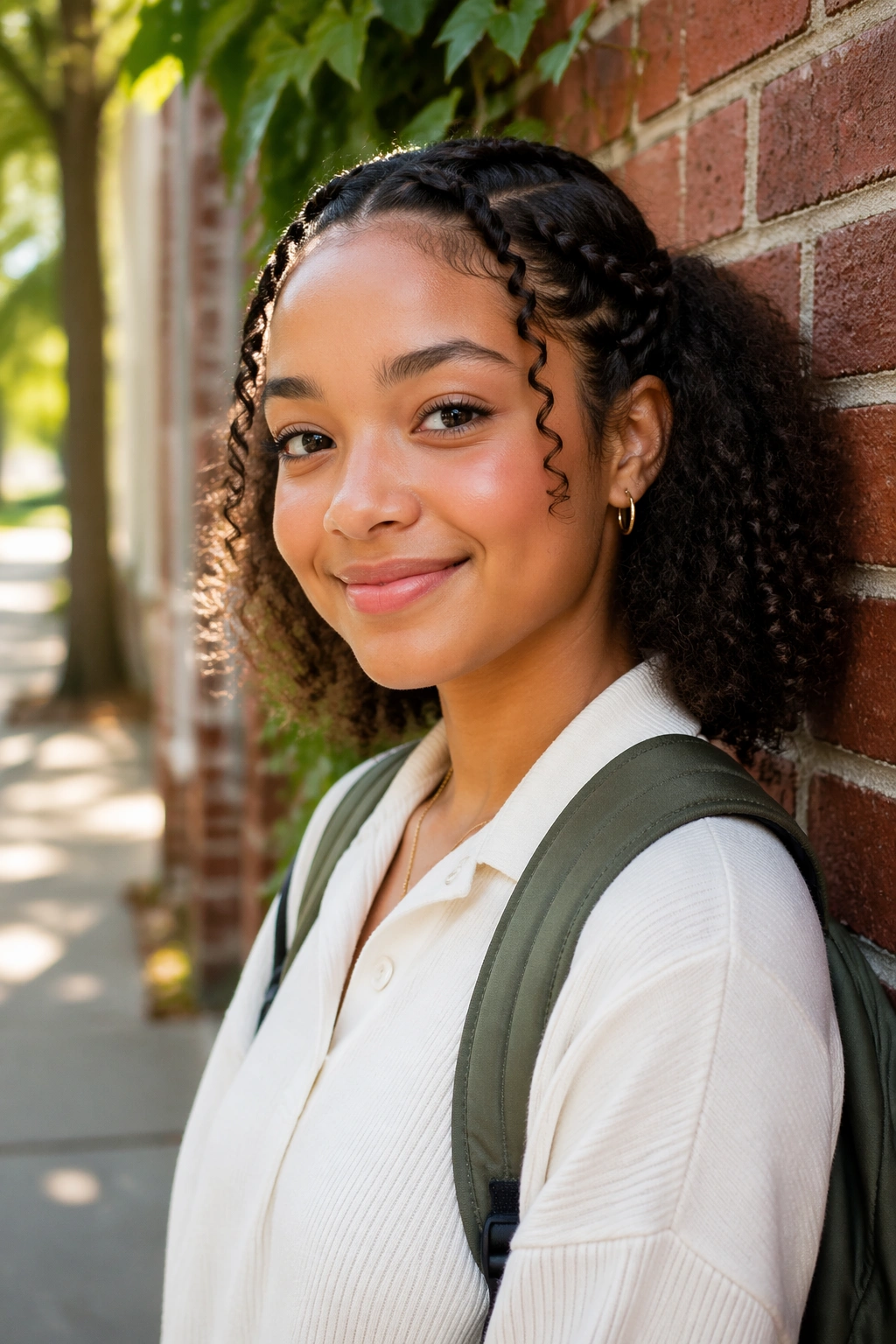 Braided front pieces with loose back curls on campus