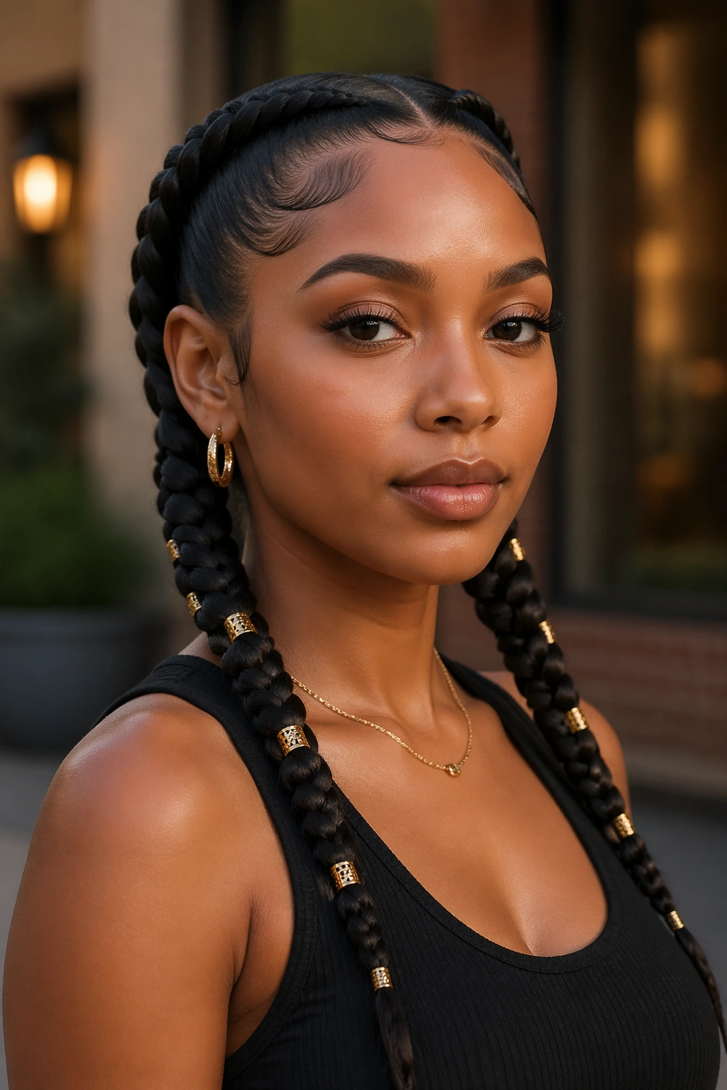 Portrait of a woman with sleek braids and gold cuffs in warm outdoor light