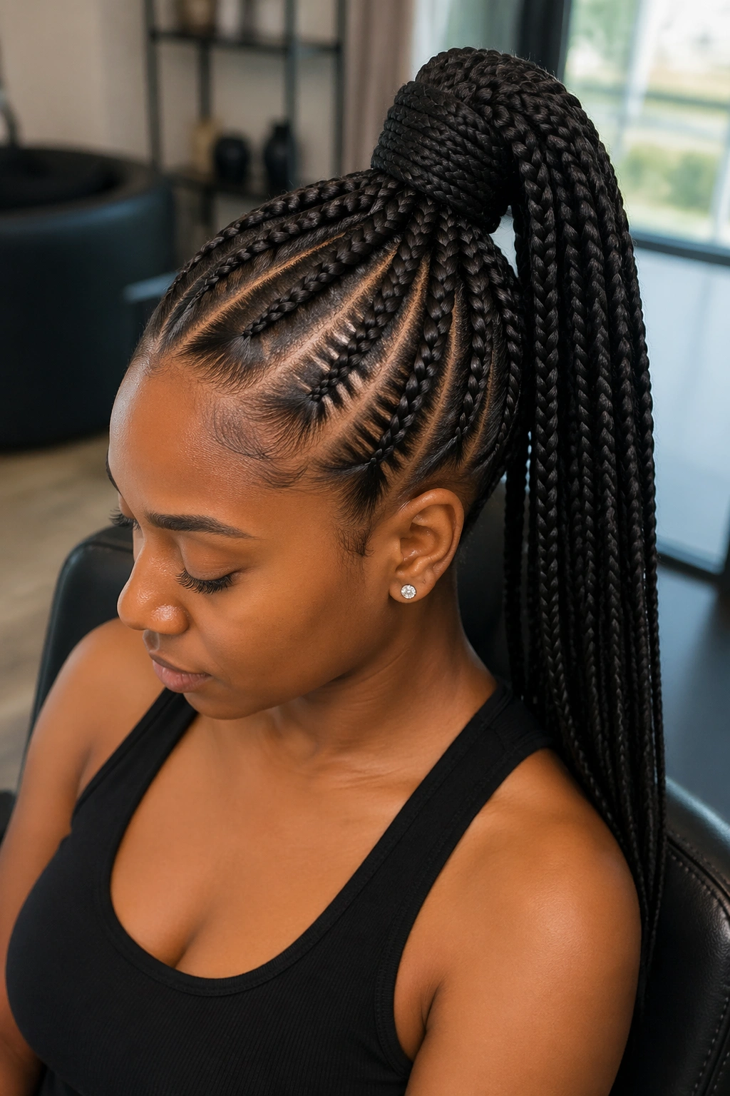 Close-up of a real woman with a feed-in braided high ponytail