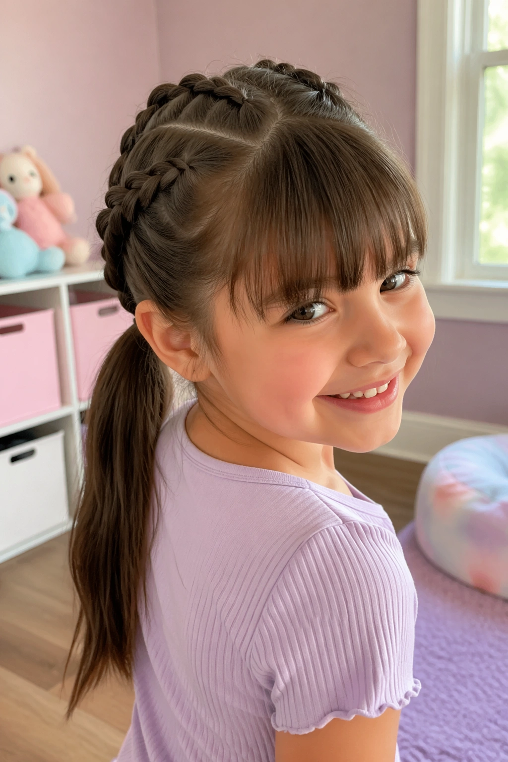 Double Dutch braids with bangs in a ponytail on a child