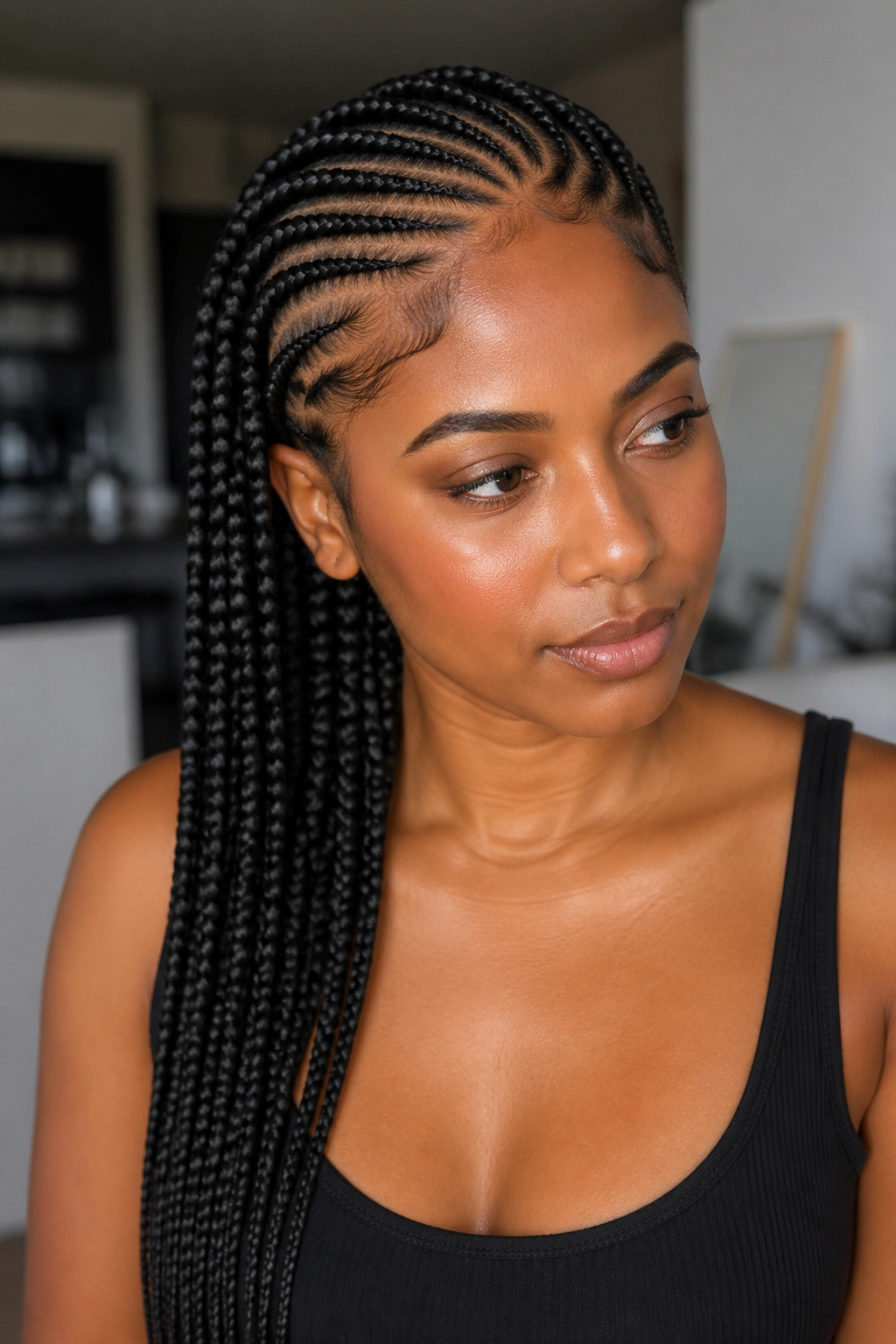 Real person wearing lemonade braids with a neat hairline and length